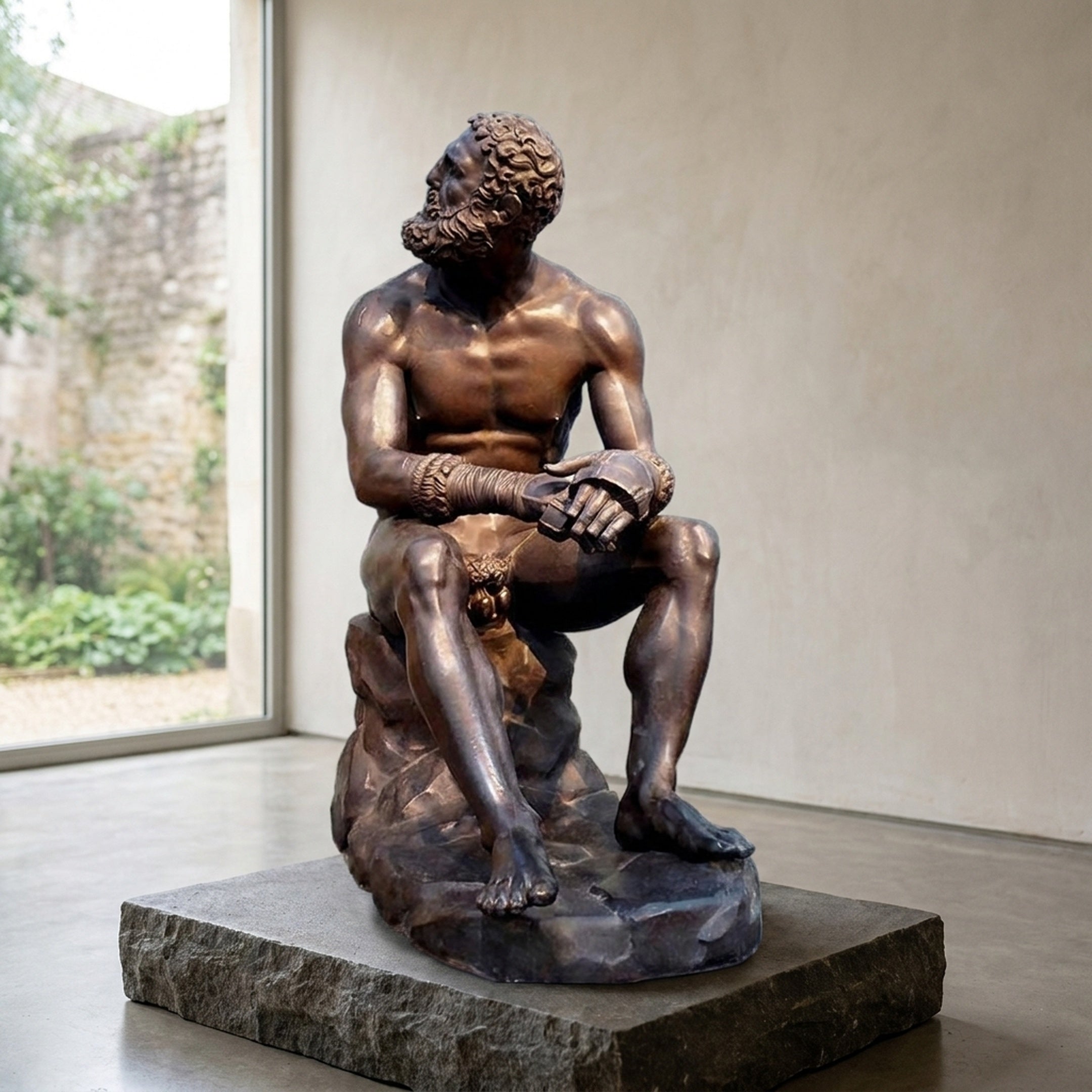 Large Classical Seated Boxer Bronze Sculpture by Giant Sculptures, 130cm, resting on a rocky base atop a stone plinth in a sunlit room beside a window.