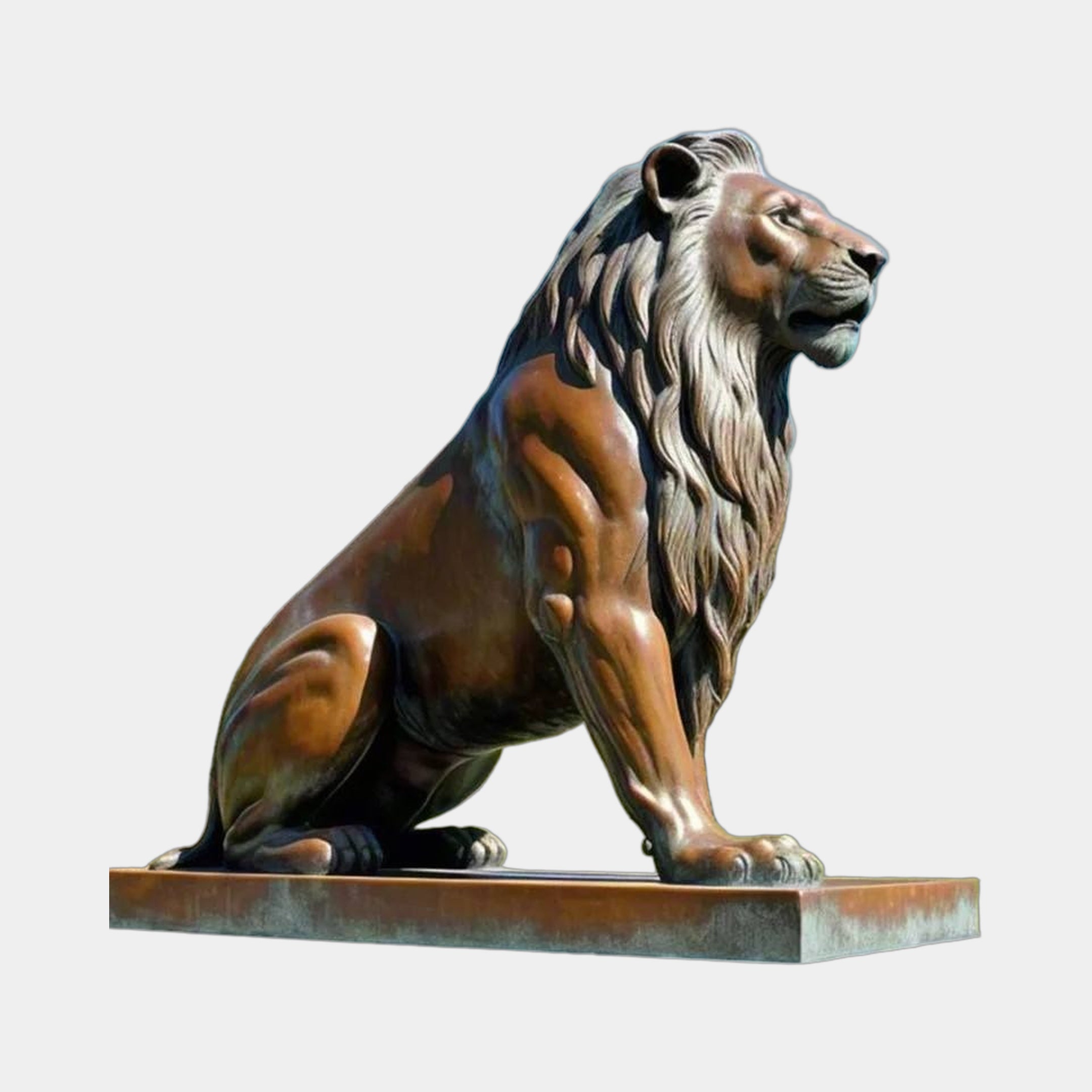 Giant Sculptures Large Classical Seated Lion Bronze Sculpture at 220cm, shown in side profile with flowing mane and reddish-brown patina on a rectangular plinth.