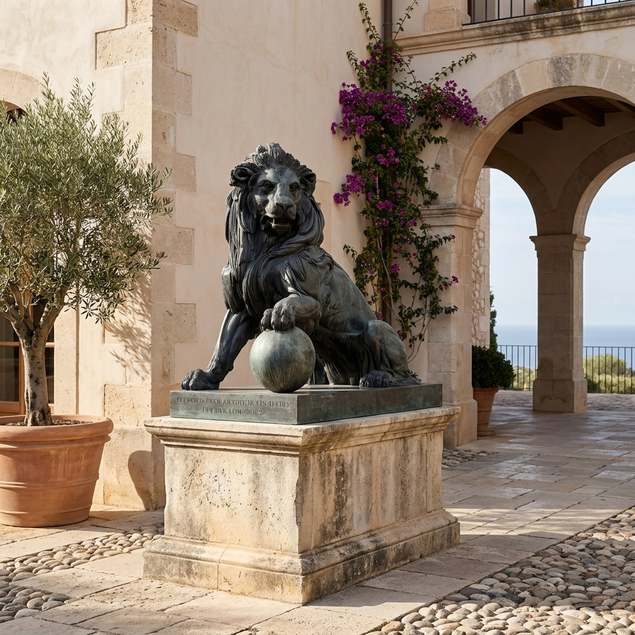 Large Classical Seated Lion Bronze Sculpture by Giant Sculptures in dark antique patina, left paw resting on a sphere, on a stone plinth in a sunlit Mediterranean courtyard.