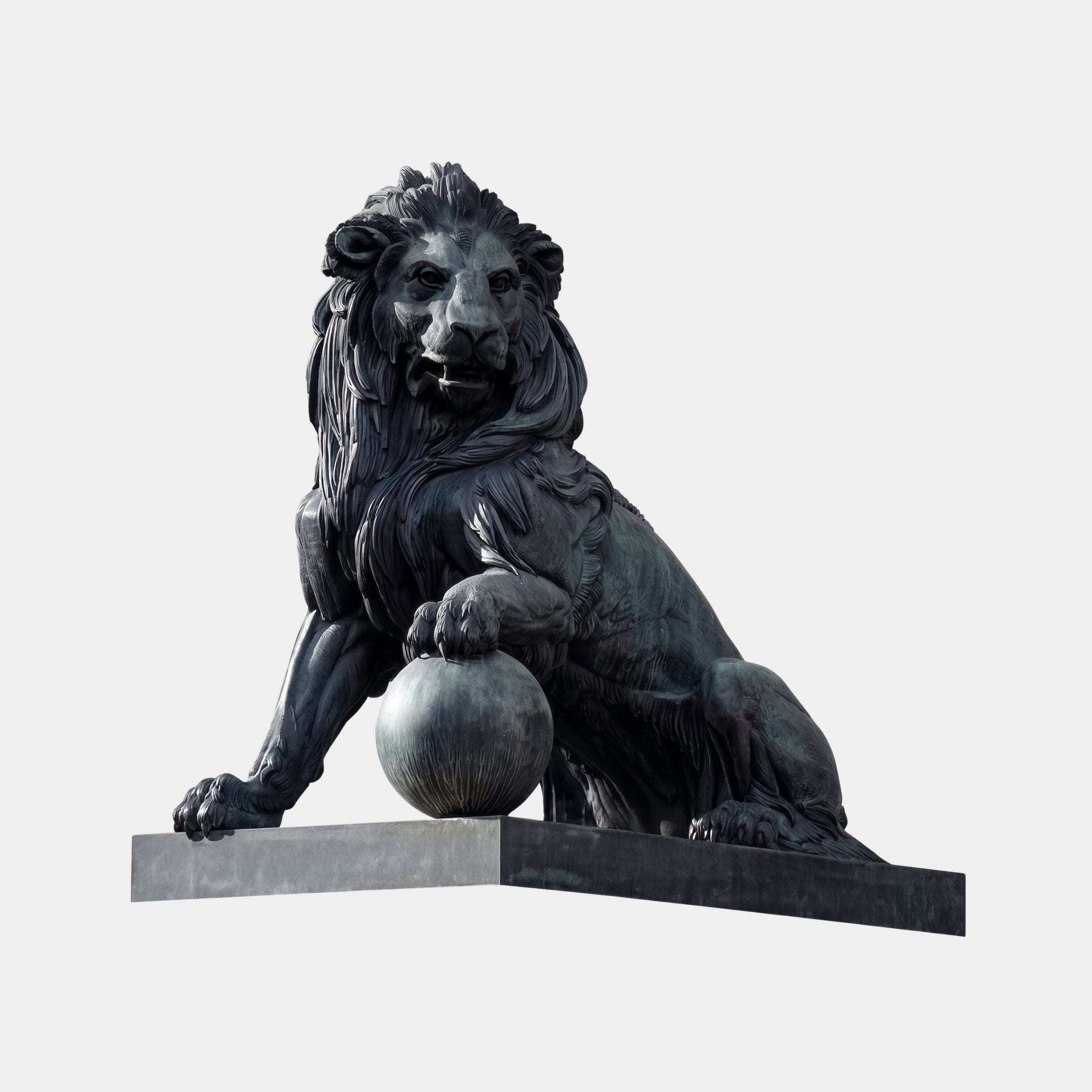 Large Classical Seated Lion Bronze Sculpture by Giant Sculptures, 230cm, in dark antique patina, left paw resting on a sphere atop a stone plinth.
