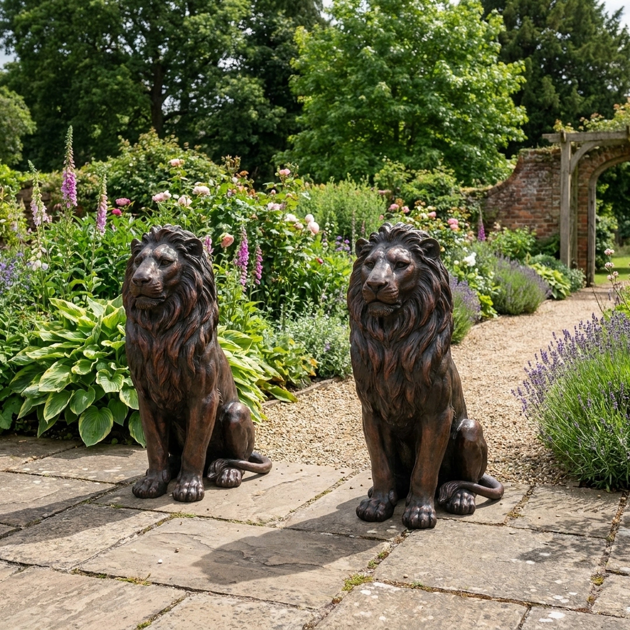 Large Classical Seated Lion Pair Bronze Sculpture by Giant Sculptures displayed on a stone patio beside a flowering English garden with lavender borders.