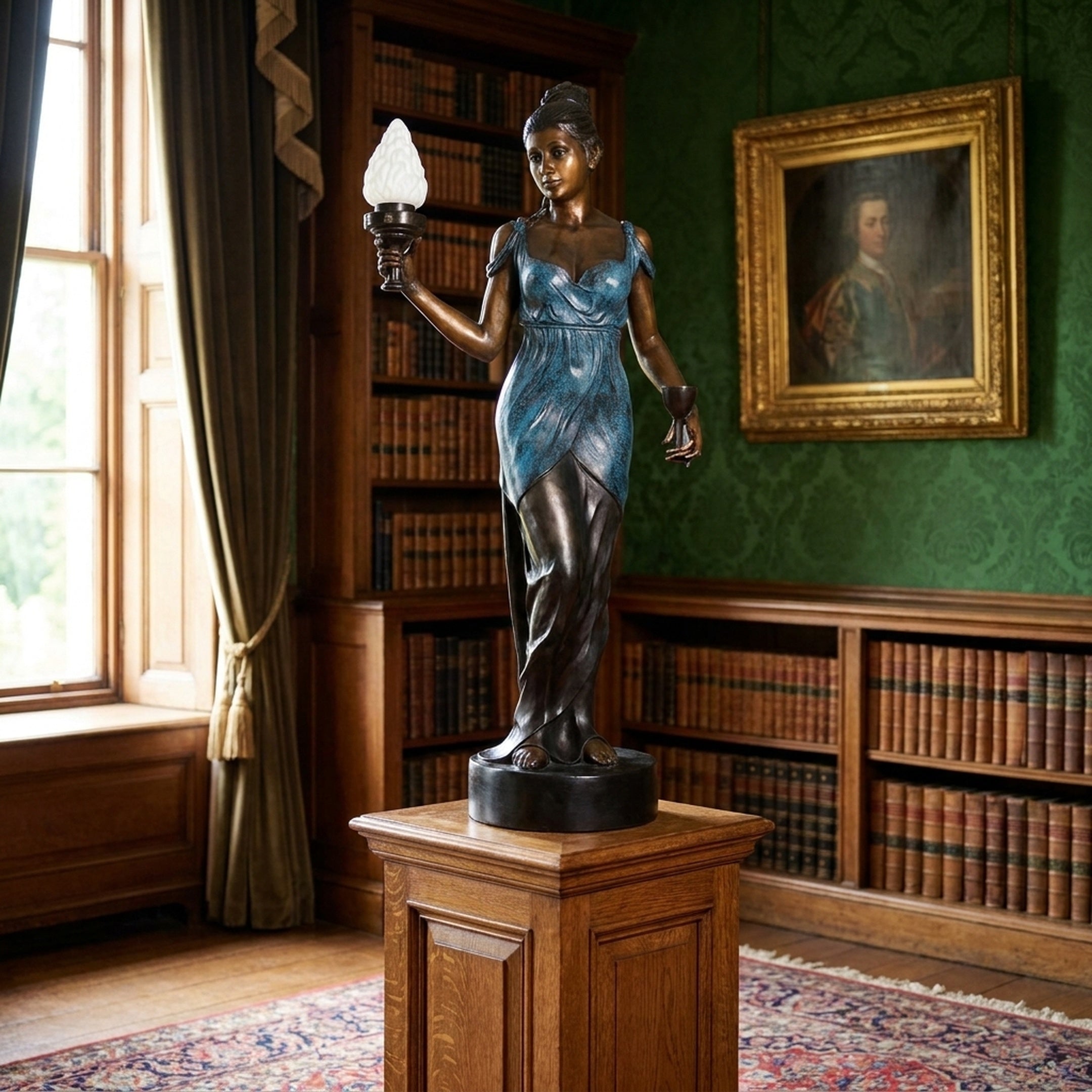 Giant Sculptures Large Classical Standing Female Figure Bronze Sculpture 190cm with teal verdigris drapery and torch lamp, on an oak pedestal in a green library.