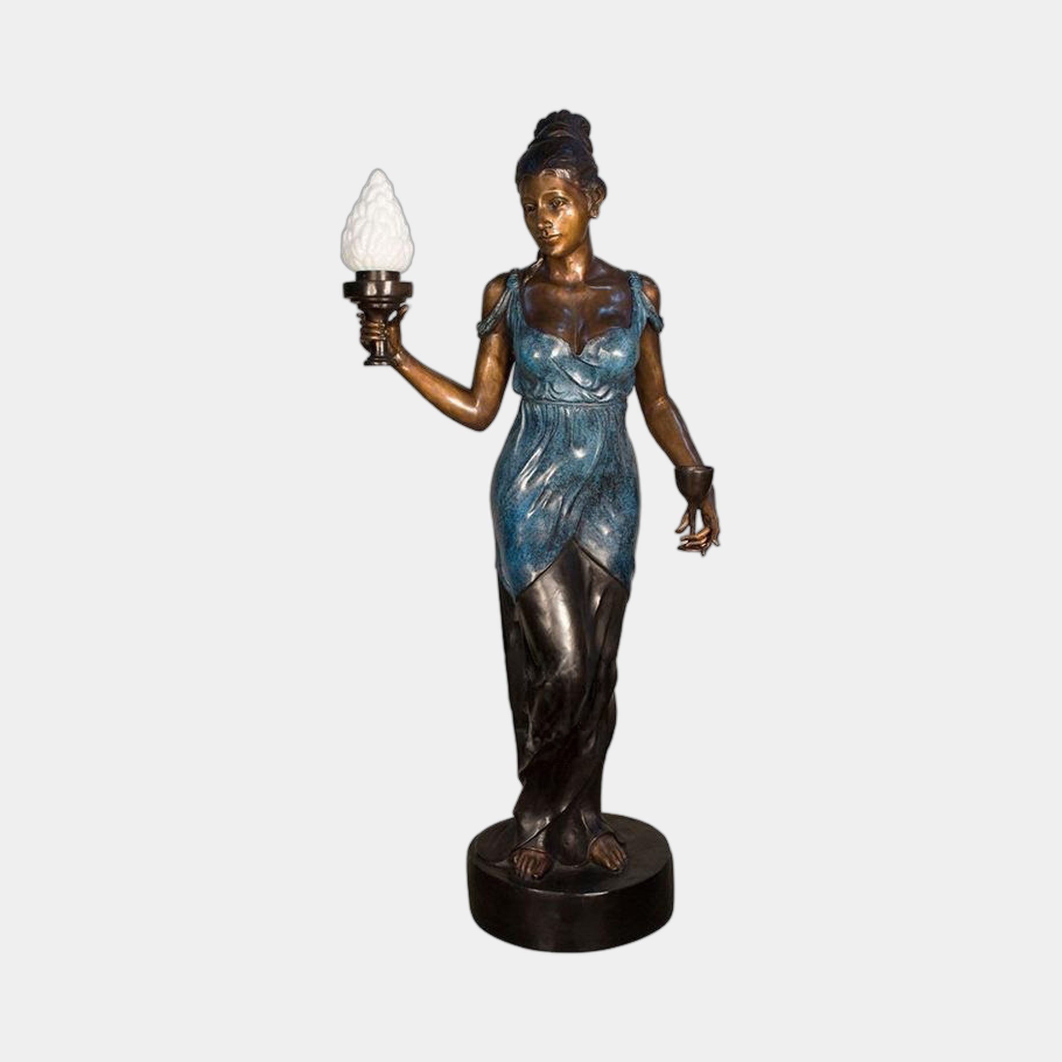 Large Classical Standing Female Figure Bronze Sculpture by Giant Sculptures, 190cm, in blue-verdigris draped gown holding a frosted flame torch lamp on a round base.