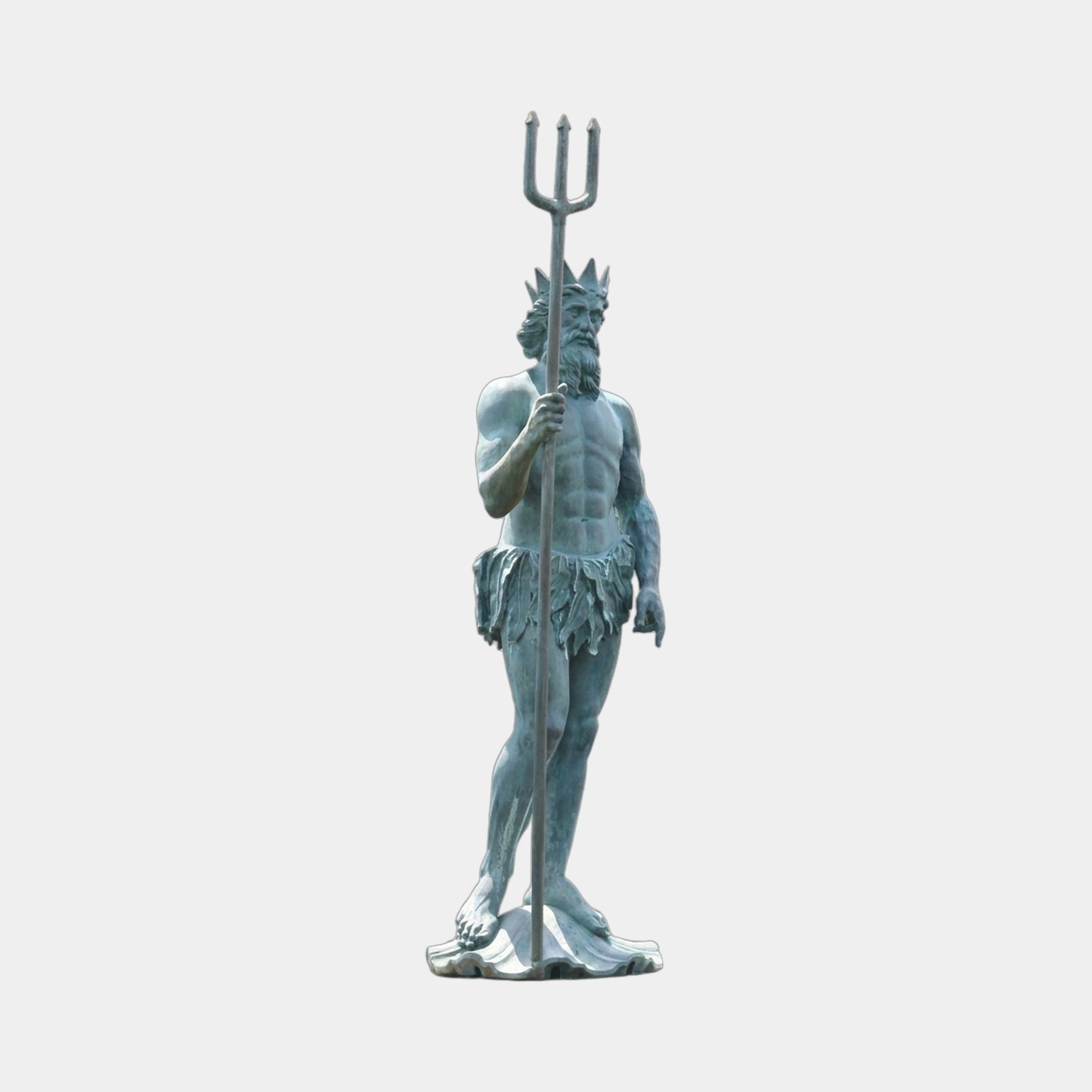 Large Classical Standing Poseidon Bronze Sculpture by Giant Sculptures, 220cm crowned figure with trident and verdigris patina on a stone wave base.