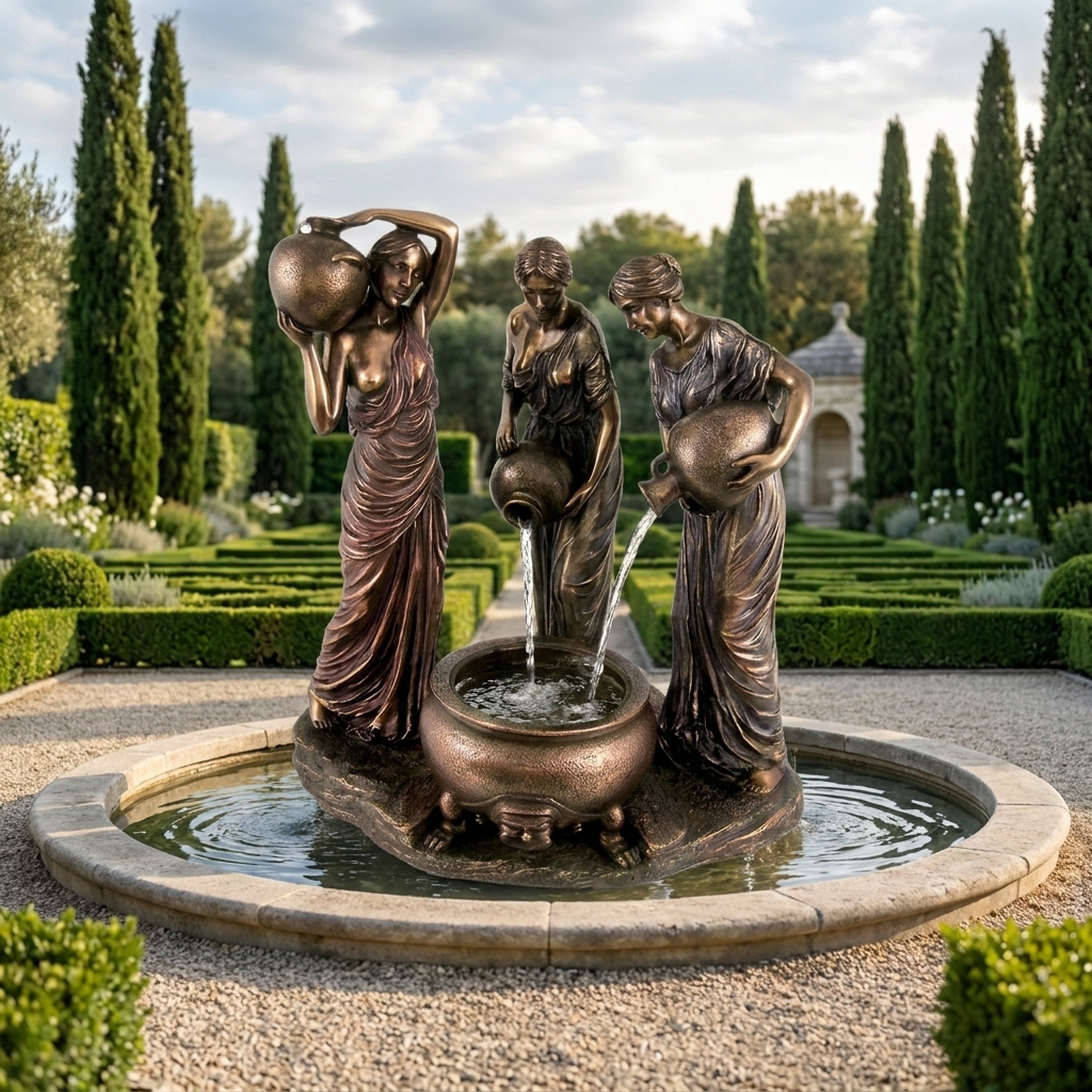 Large Classical Three Draped Figures Fountain by Giant Sculptures in warm brown bronze, three robed women pouring vessels into a central basin in a formal garden.