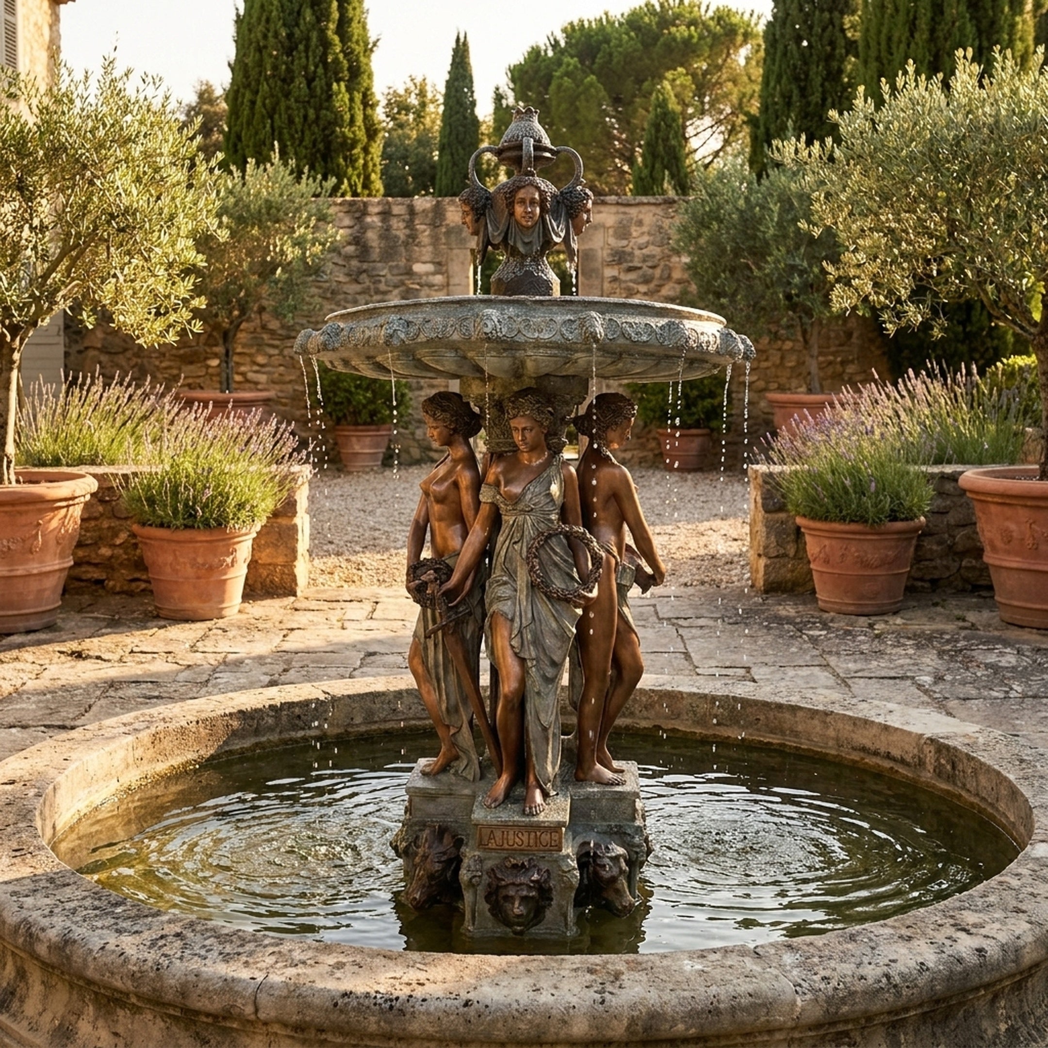 Large Classical Three Graces Fountain Bronze Sculpture by Giant Sculptures, 280cm, three bronze figures supporting a verdigris tiered basin in a Mediterranean garden courtyard with lavender and olive trees.