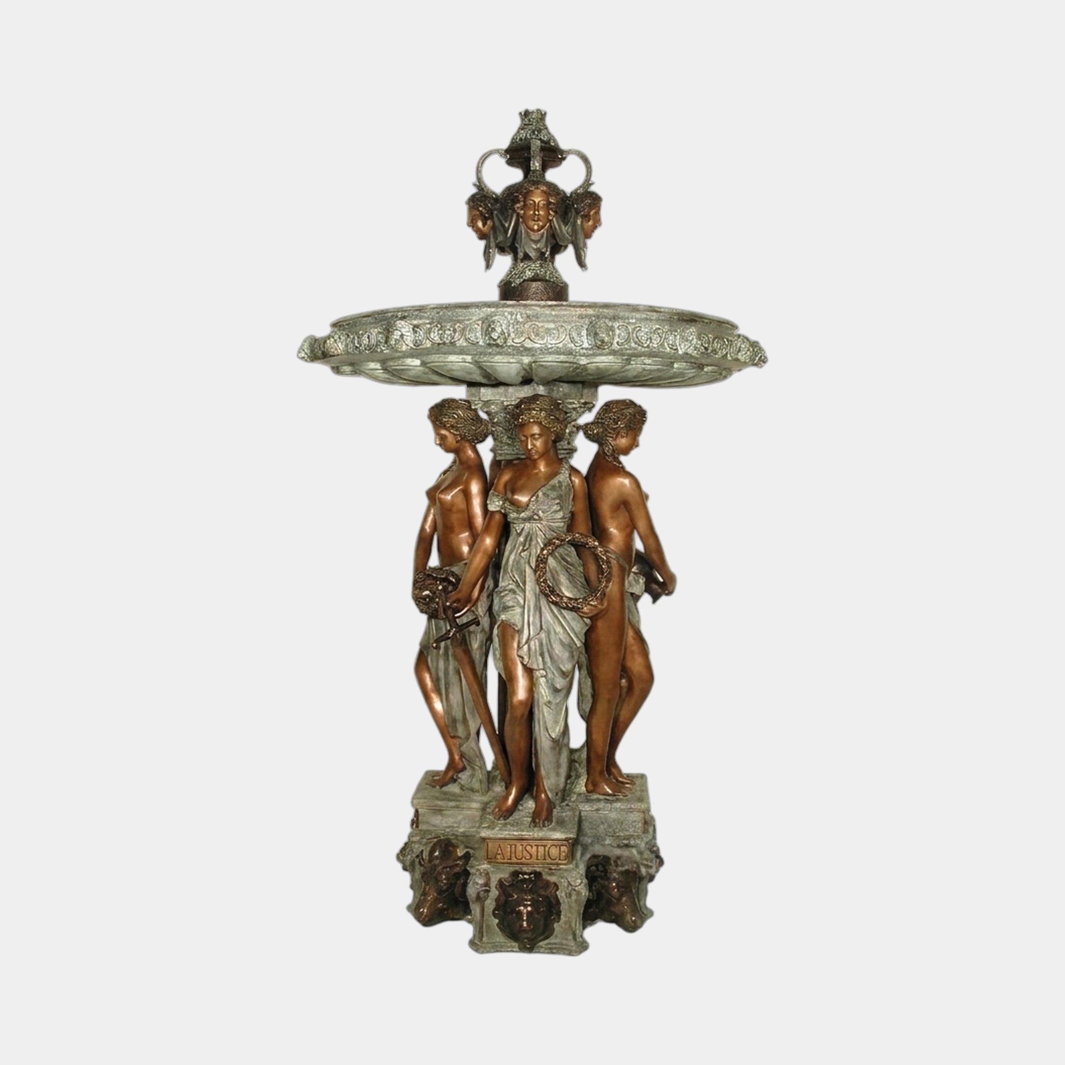 Large Classical Three Graces Fountain Bronze Sculpture by Giant Sculptures, with three robed figures supporting a scalloped basin, shown on a plain background.