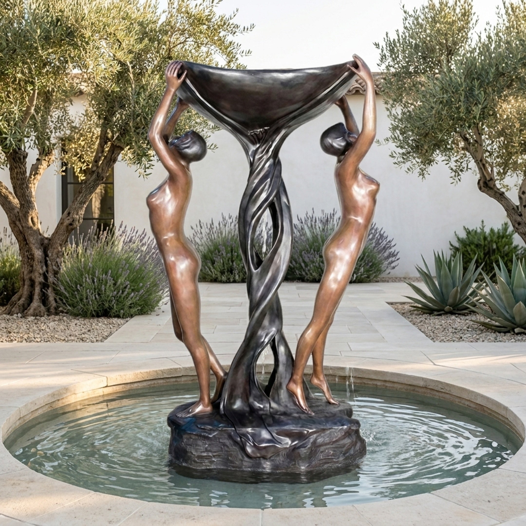 Giant Sculptures Large Classical Two Figures Bronze Fountain at 220cm, two nude figures lifting a draped basin above a twisted column in a circular garden pool.