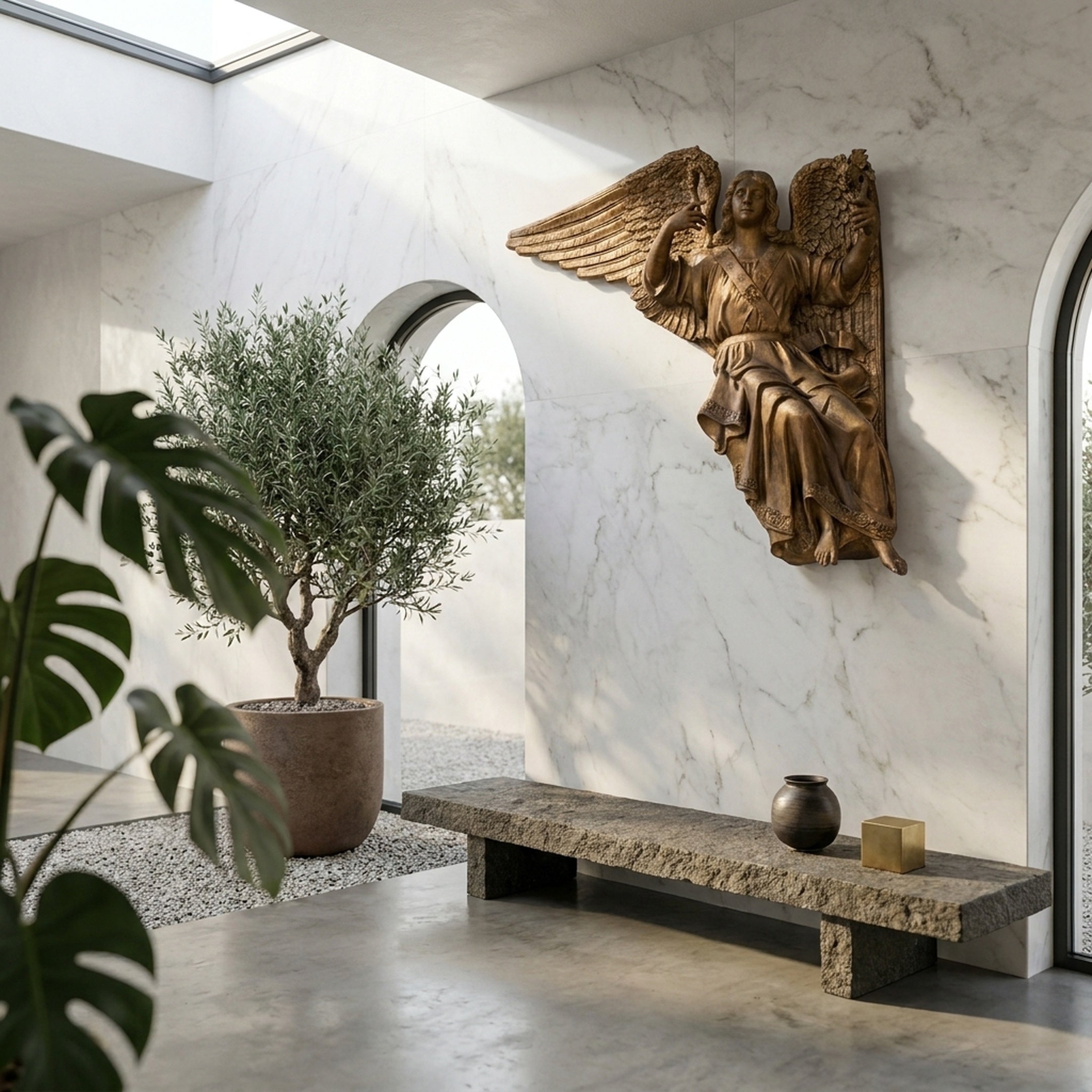Giant Sculptures Large Classical Winged Angel Bronze Relief 200cm mounted on a white marble wall above a stone bench in a sunlit minimalist interior.