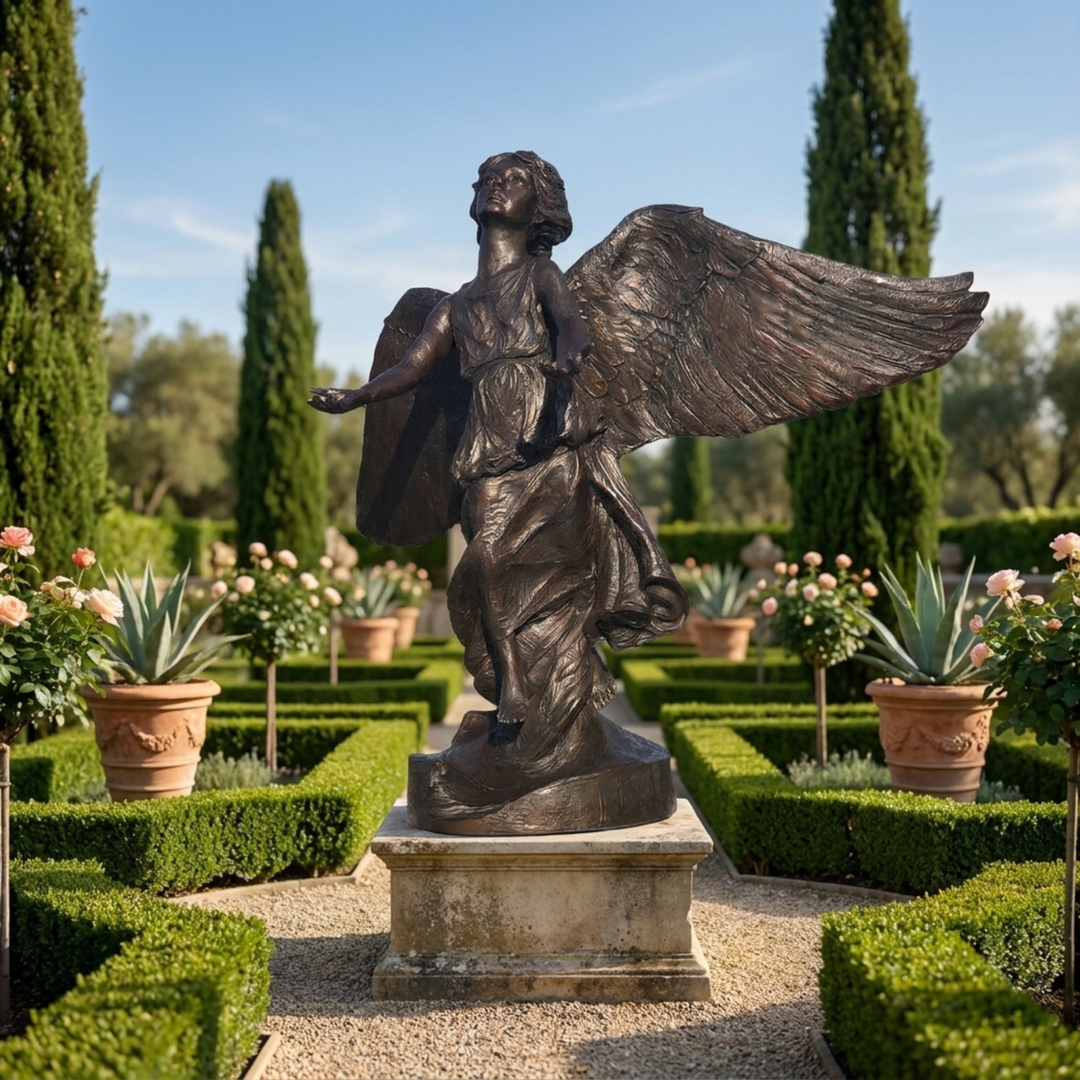 Giant Sculptures Large Classical Winged Angel Bronze Sculpture 180cm on a pale stone plinth in a formal garden with cypress trees, roses, and clipped hedges.
