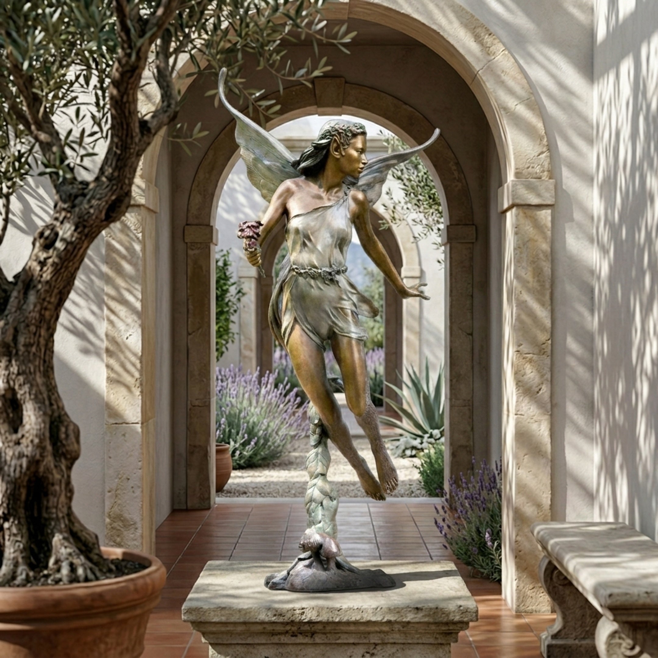 Large Classical Winged Fairy Figure Bronze Sculpture by Giant Sculptures, 150cm, poised on tiptoe with spread wings, displayed on a stone plinth in an arched courtyard.