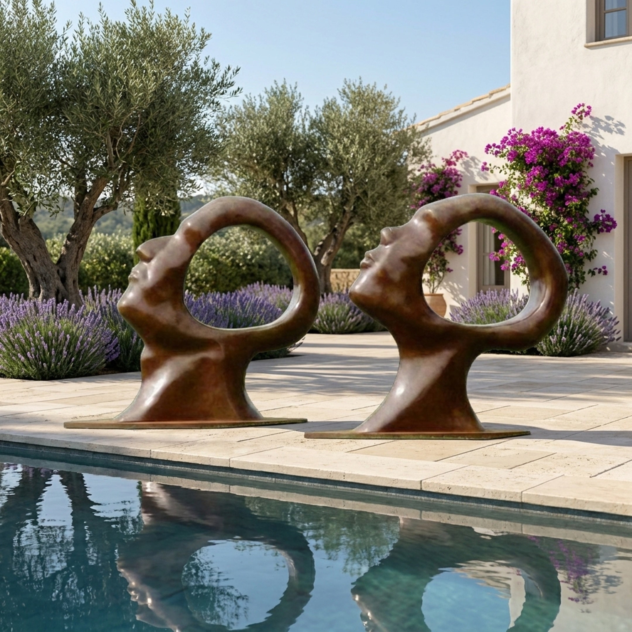 Pair of Giant Sculptures Large Contemporary Abstract Face Bronze Sculptures 150cm with circular voids, displayed poolside among lavender and olive trees.