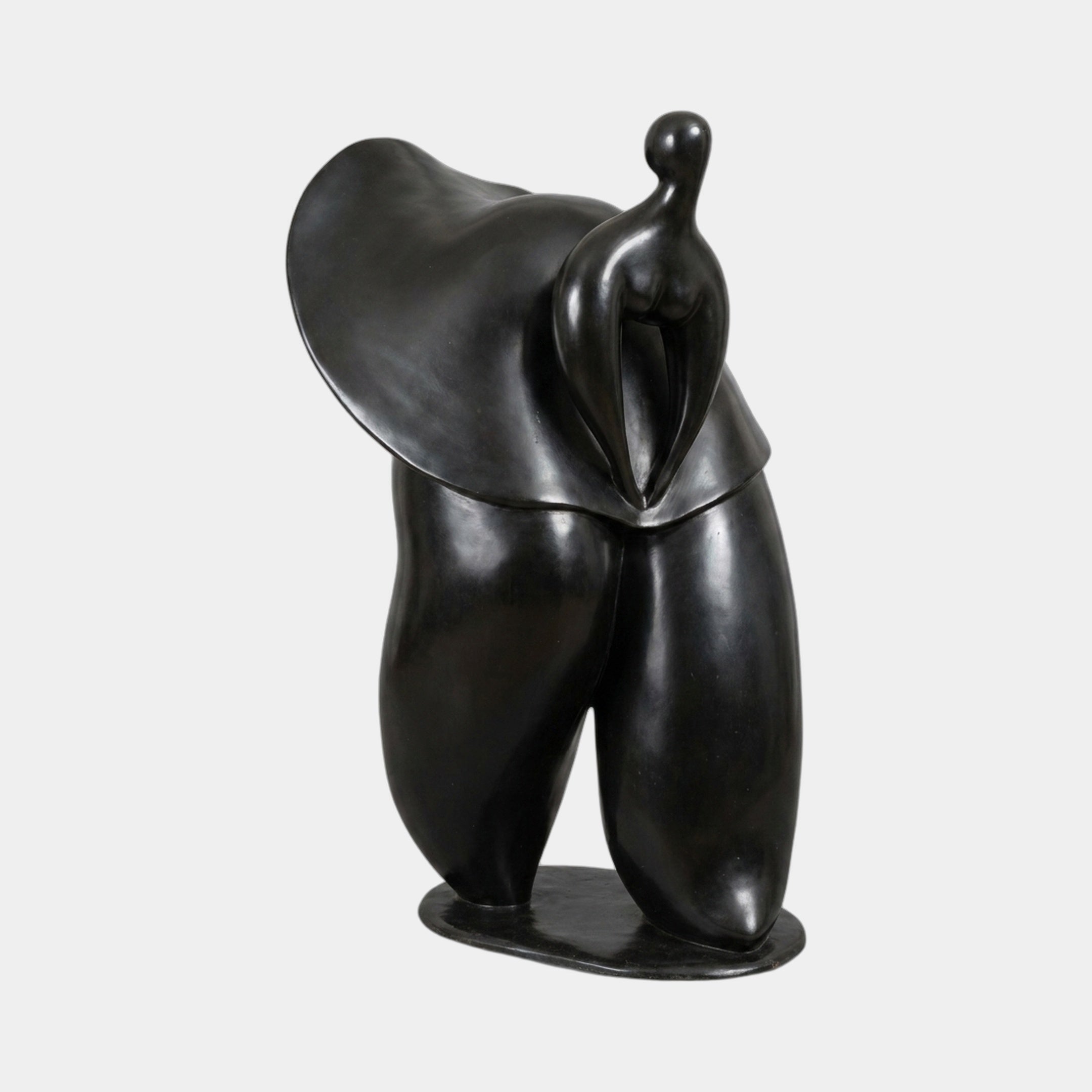 Large Contemporary Abstract Female Figure Bronze Sculpture by Giant Sculptures in deep black patina, with sweeping cloak-like form and oval head, on a plain background.