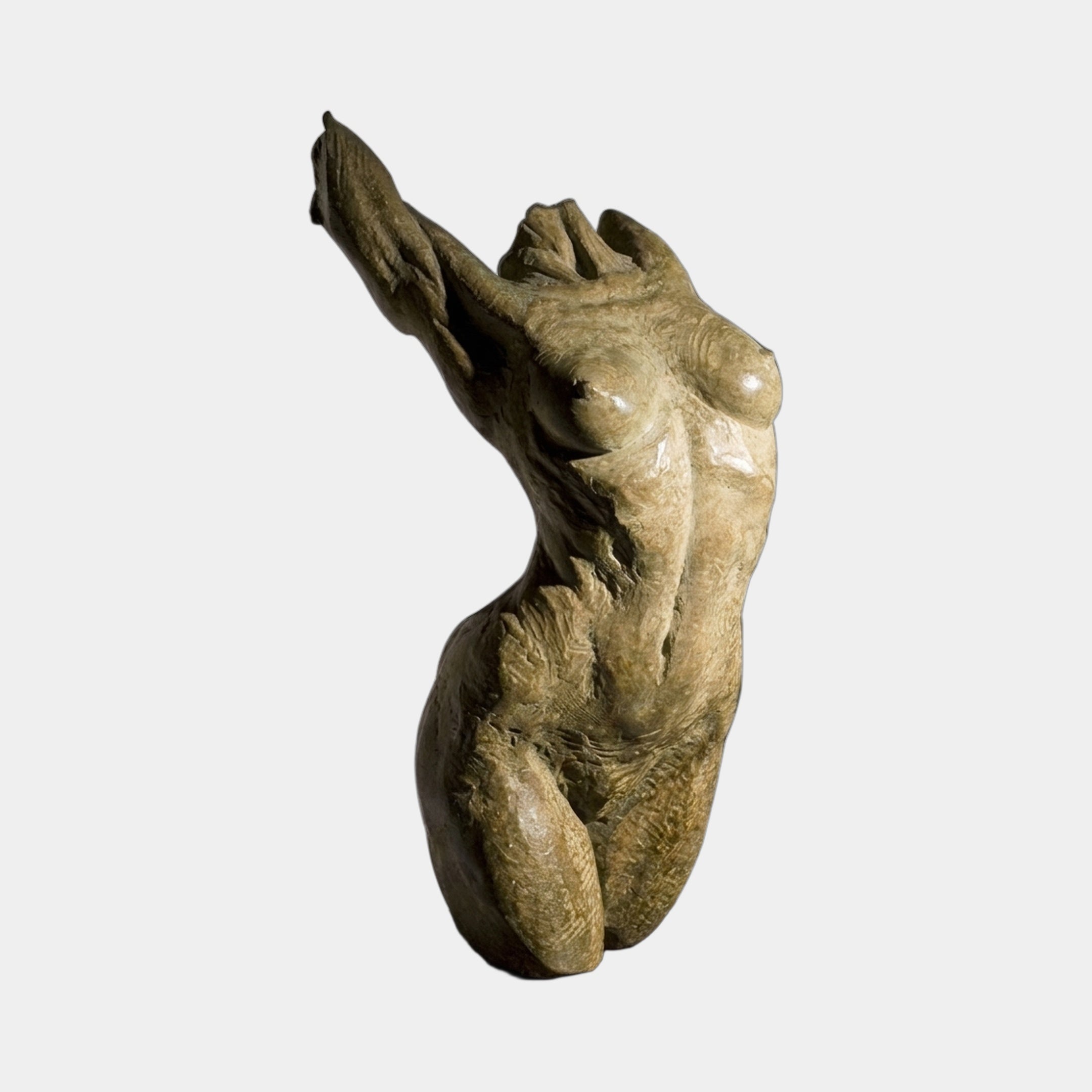 Large Contemporary Abstract Female Torso Bronze Sculpture by Giant Sculptures, 140cm, with warm mid-brown patina and one arm reaching upward, on a plain background.