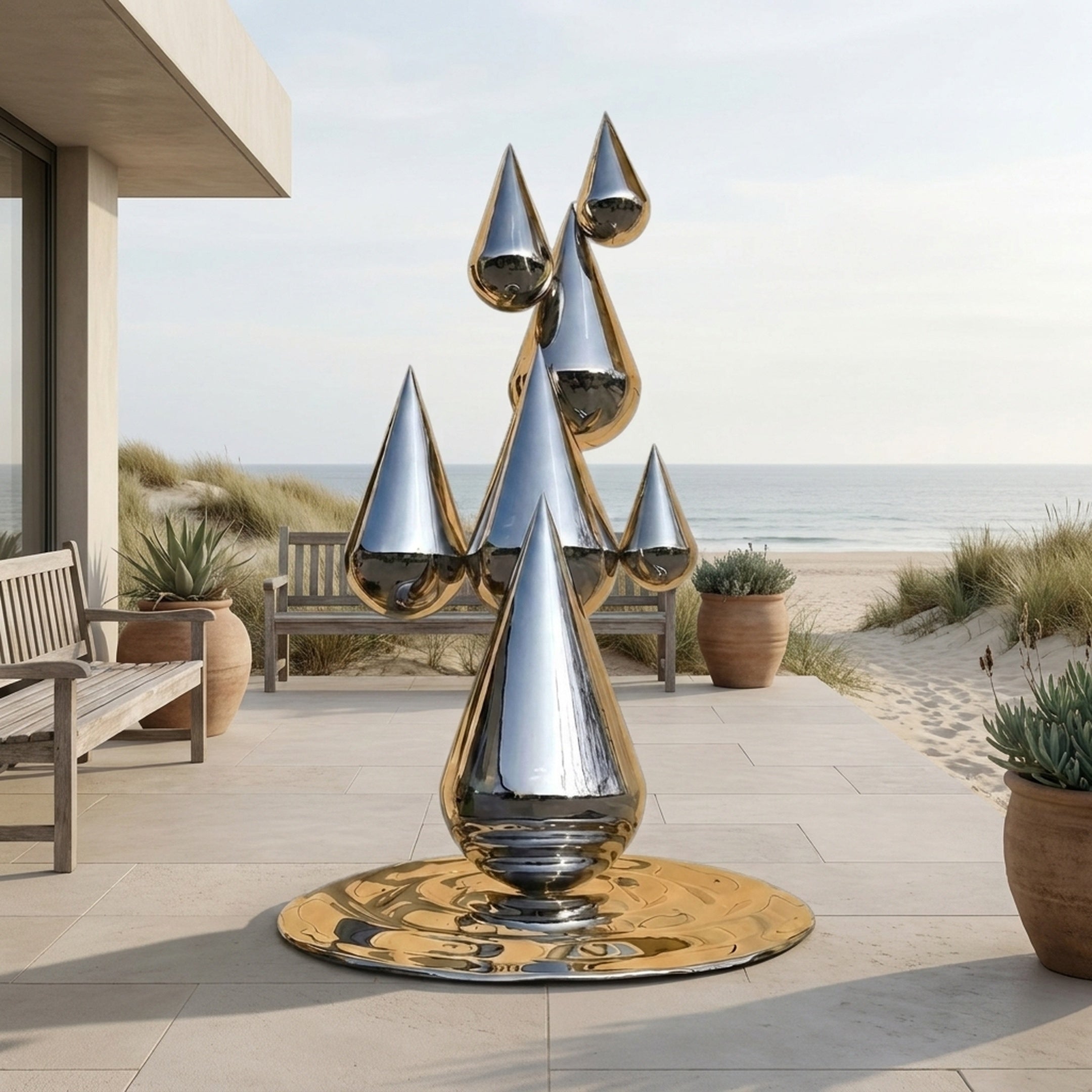 Large Contemporary Abstract Raindrop Cluster Sculpture 250cm by Giant Sculptures in mirror-polished steel on a beachfront patio with bench and potted plants.
