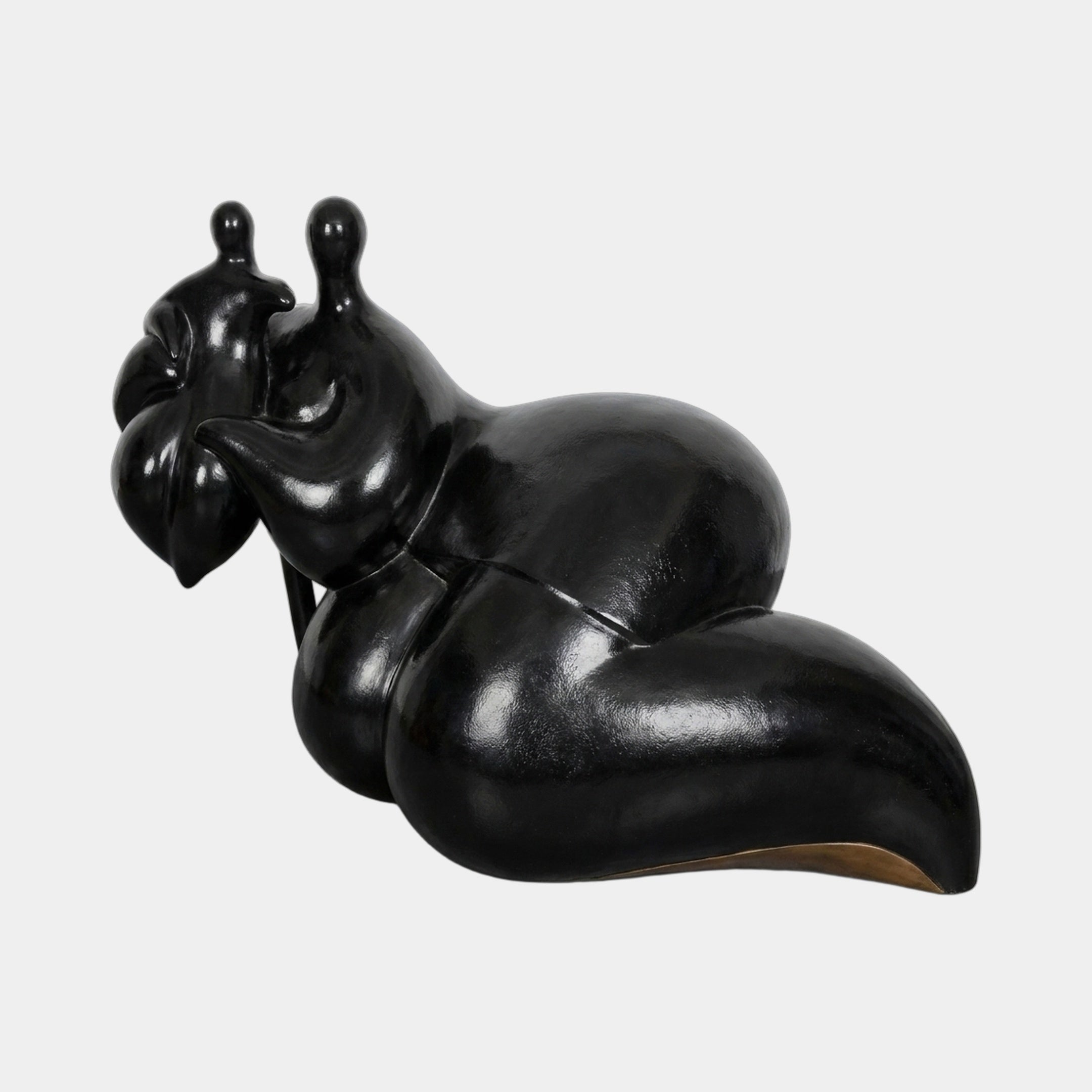 Large Contemporary Abstract Reclining Figure Bronze Sculpture by Giant Sculptures in black patina, shown from the side with two spherical head protrusions.