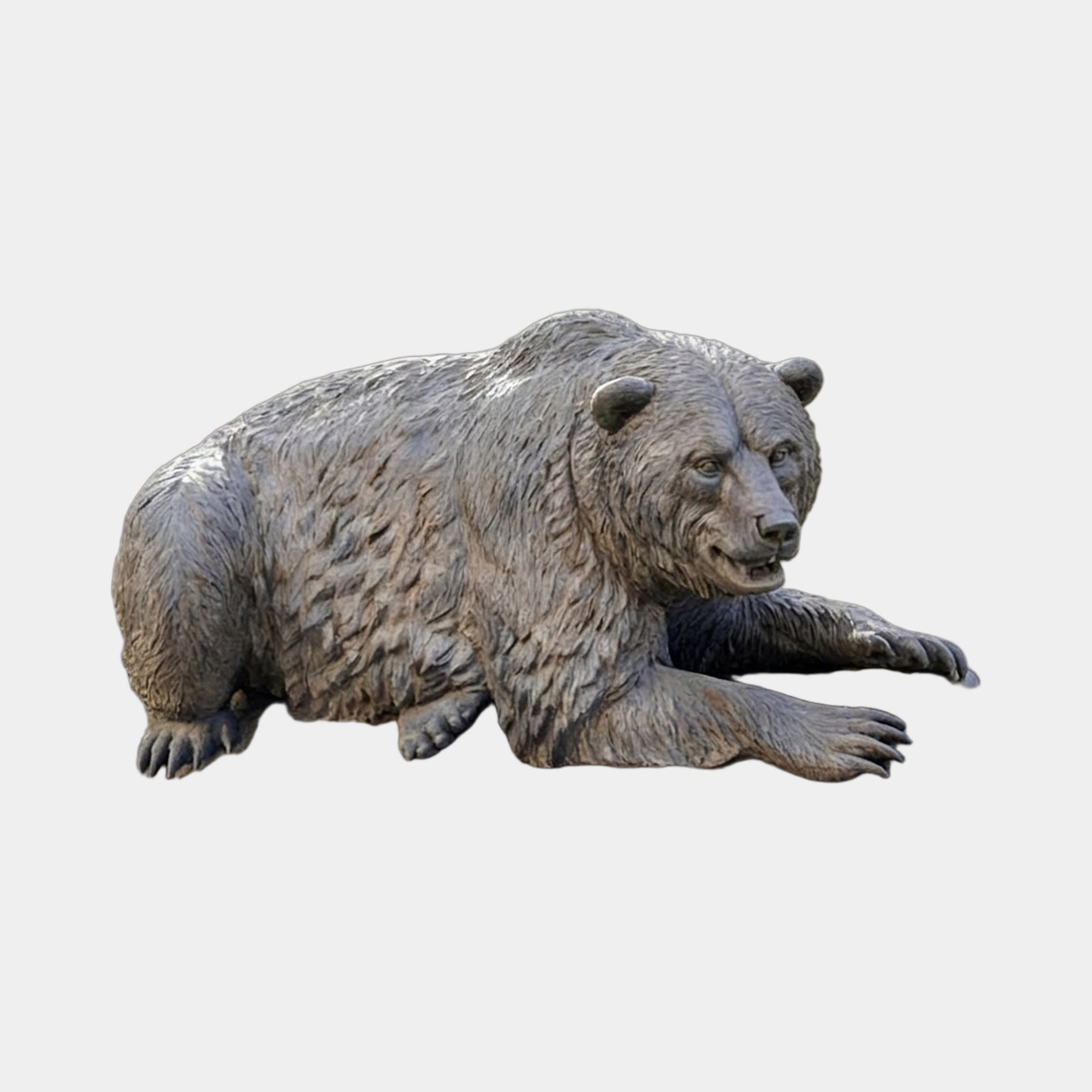Large Contemporary Bear with Fish Bronze Sculpture by Giant Sculptures in a crouched pose with warm brown patina, shown against a plain light background.