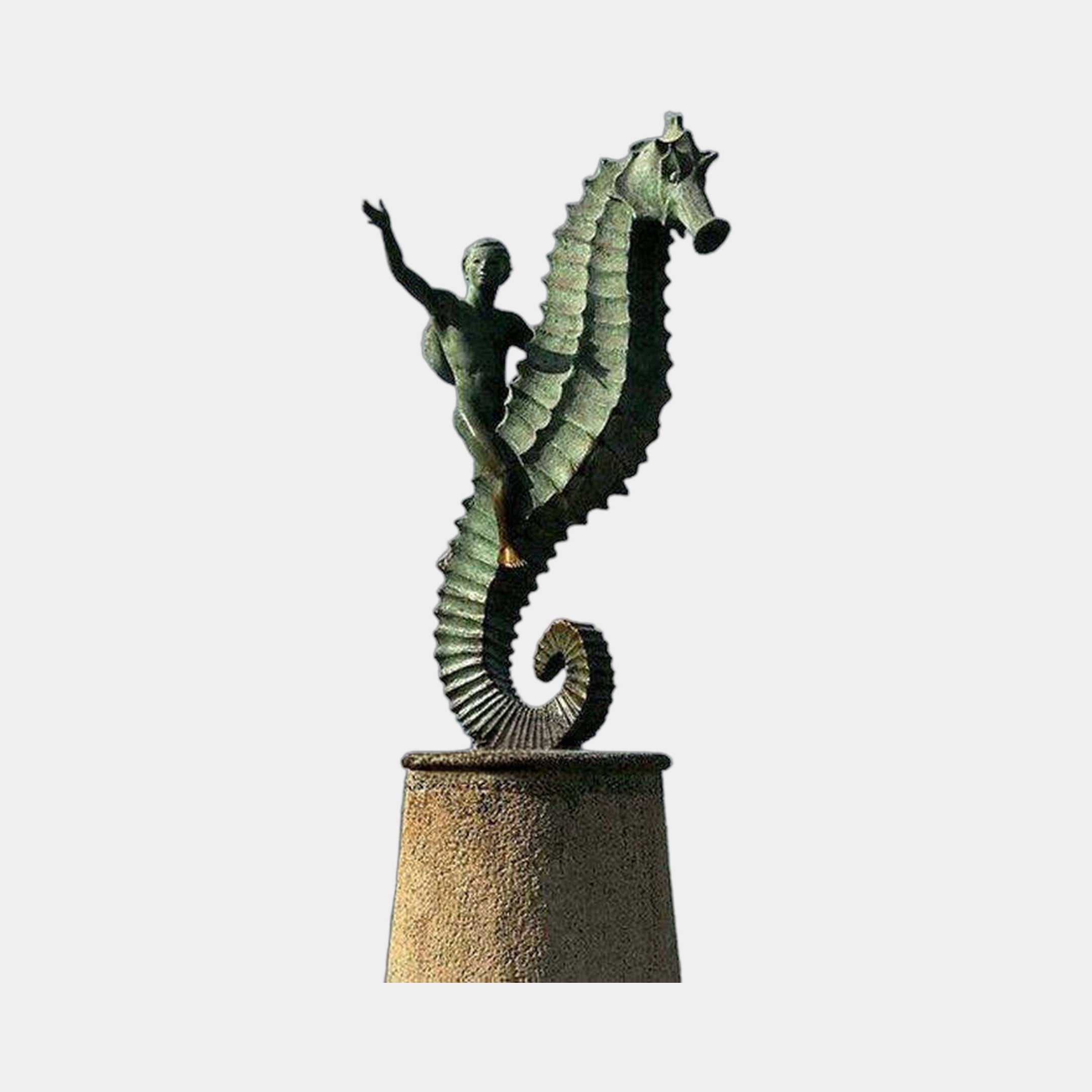 Large Contemporary Boy Riding Seahorse Bronze Sculpture by Giant Sculptures, with verdigris patina, boy's arm raised, mounted on a tapered stone plinth.
