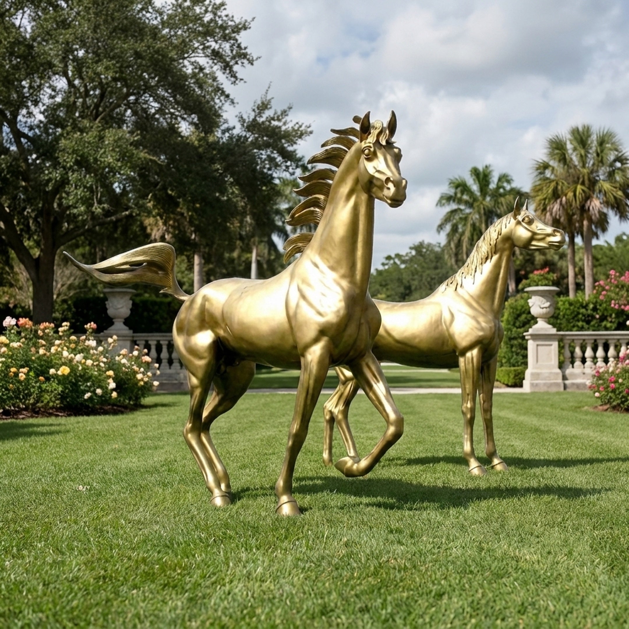 Large Contemporary Cantering Horse Pair Bronze Sculpture by Giant Sculptures in polished gold, displayed on a manicured lawn beside roses and palm trees.