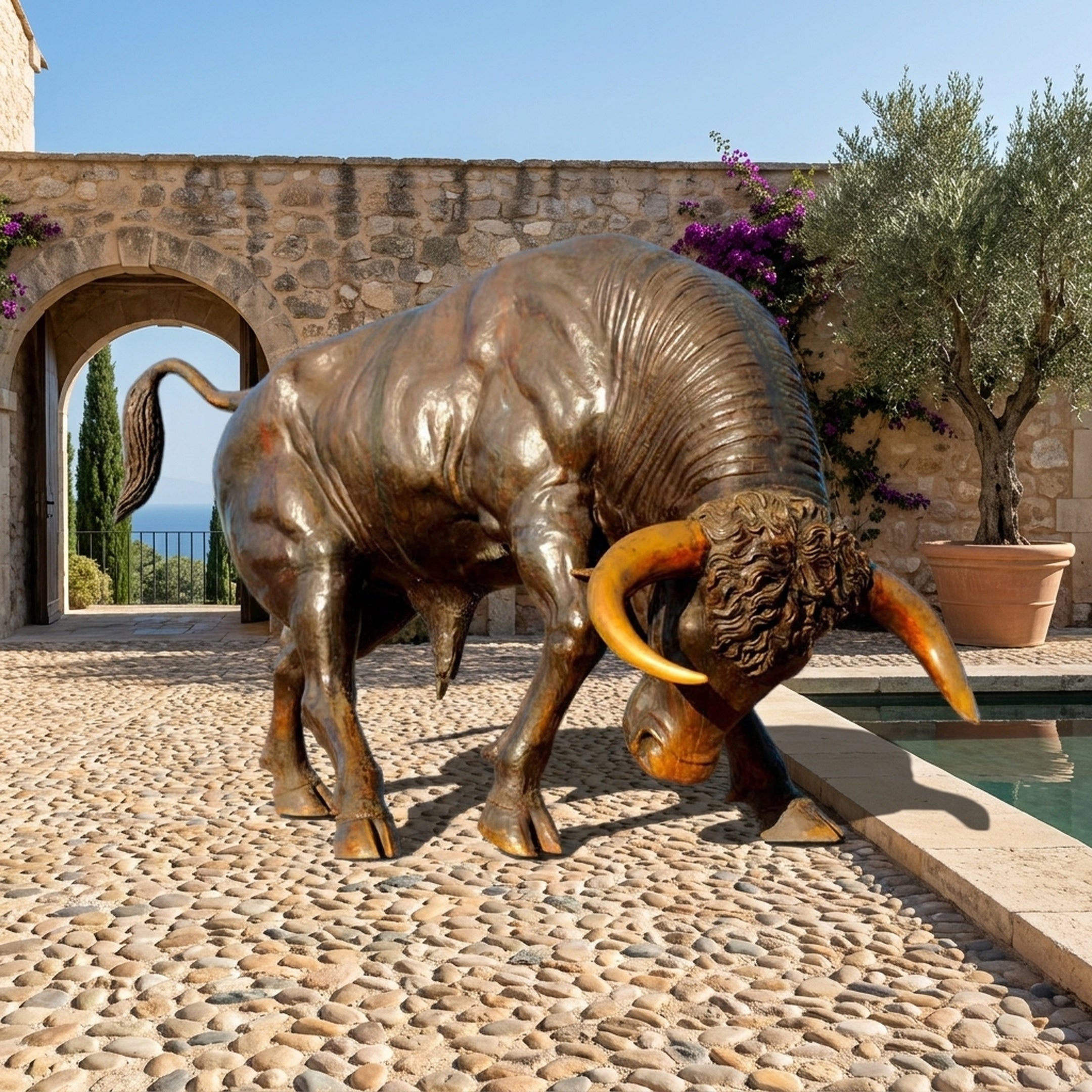 Large Contemporary Charging Bull Bronze Sculpture by Giant Sculptures in dark brown with golden-amber horns, head lowered in a courtyard beside a pool.