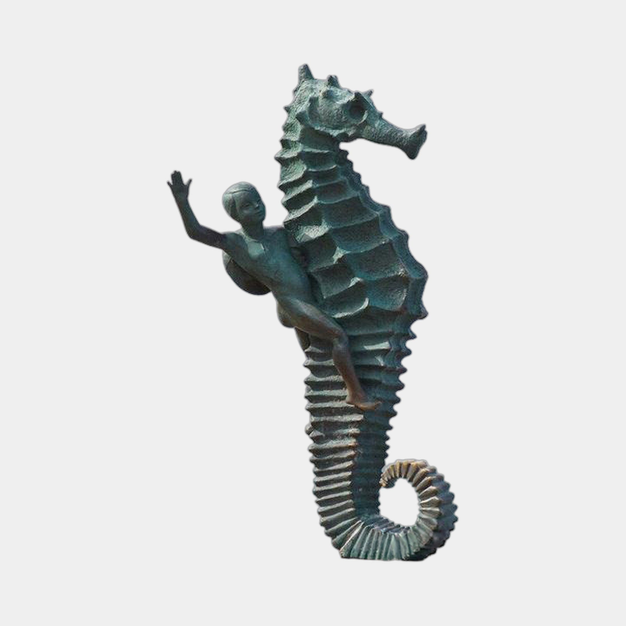 Giant Sculptures Large Contemporary Child and Seahorse Bronze Sculpture 200cm in verdigris patina, child waving while clinging to the upright seahorse, on plain background.