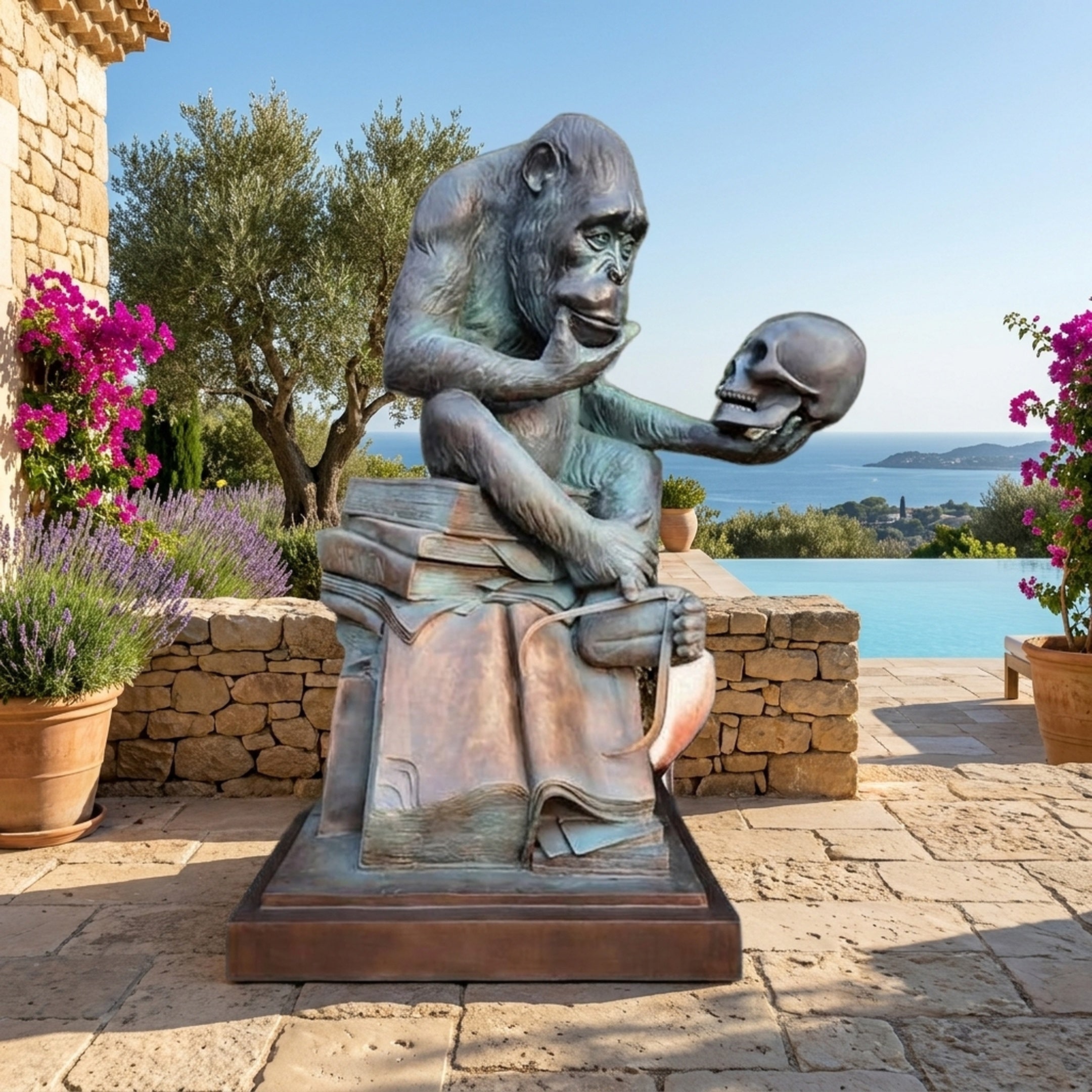 Large Contemporary Chimpanzee on Books with Skull Bronze Sculpture by Giant Sculptures, shown on a Mediterranean stone terrace beside a pool with sea views.