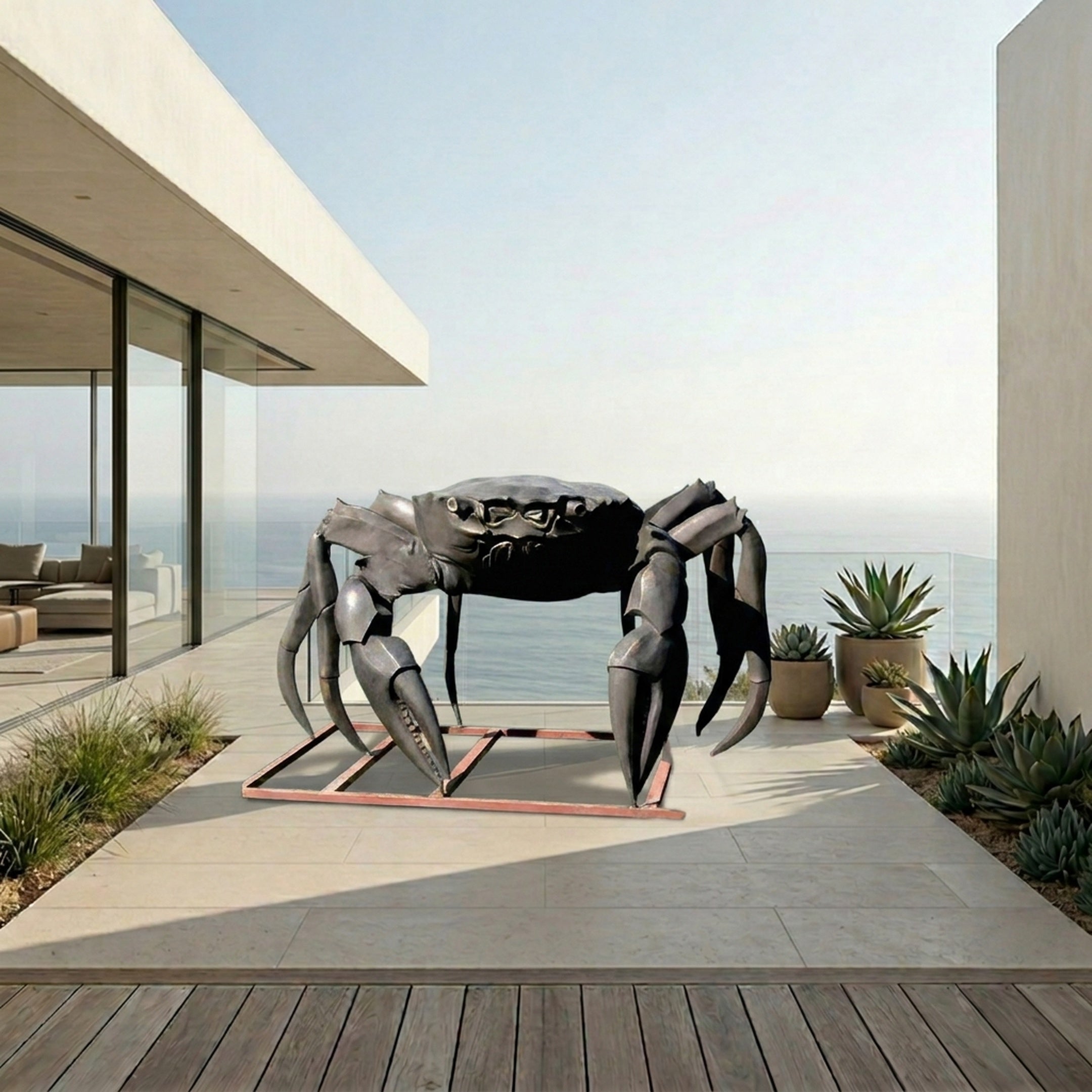 Large Contemporary Crab Bronze Sculpture by Giant Sculptures with dark patina and wide serrated claws, displayed on a seaside terrace beside succulents.
