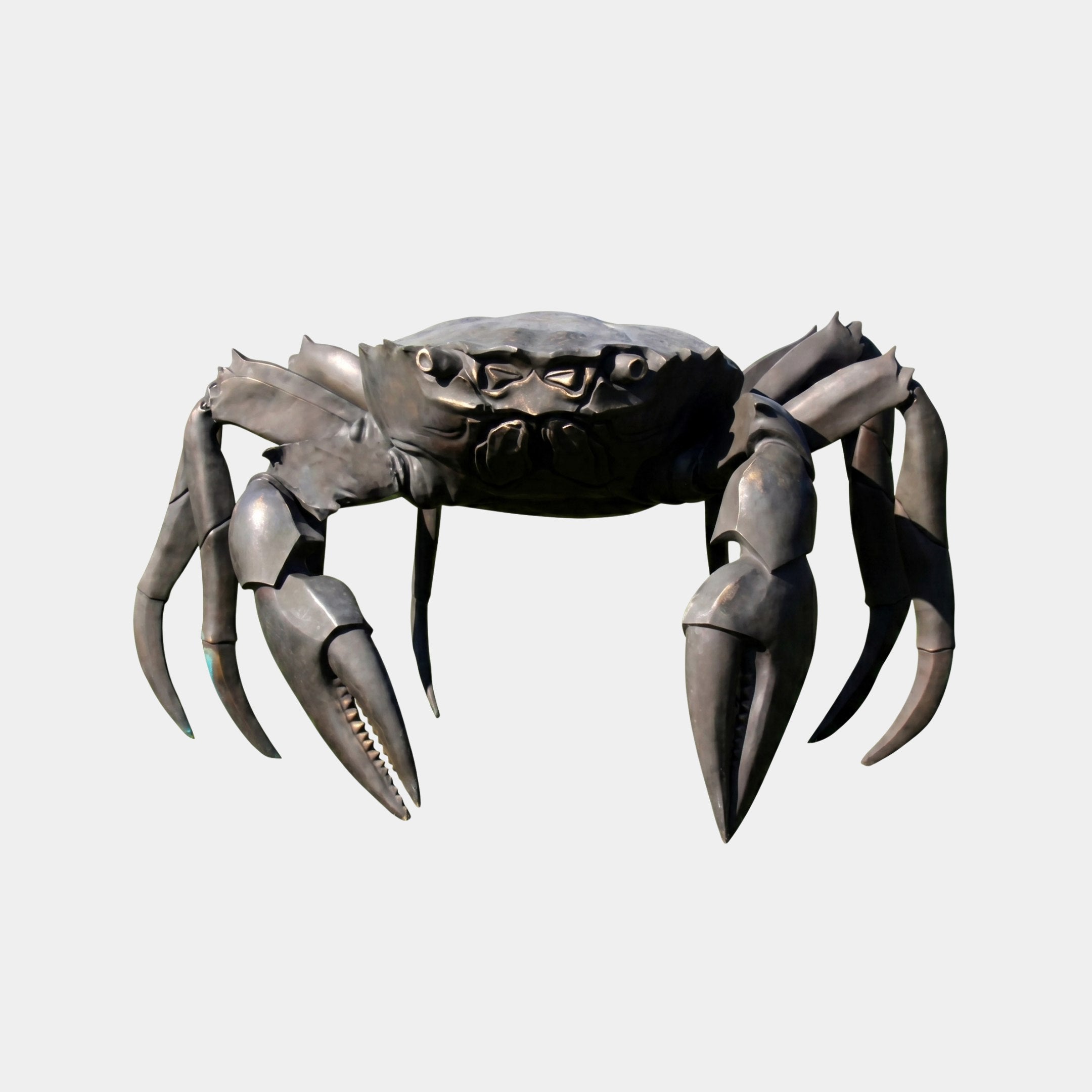 Large Contemporary Crab Bronze Sculpture by Giant Sculptures, 120cm, front view with claws spread wide and dark near-black patina, set against a plain light background.