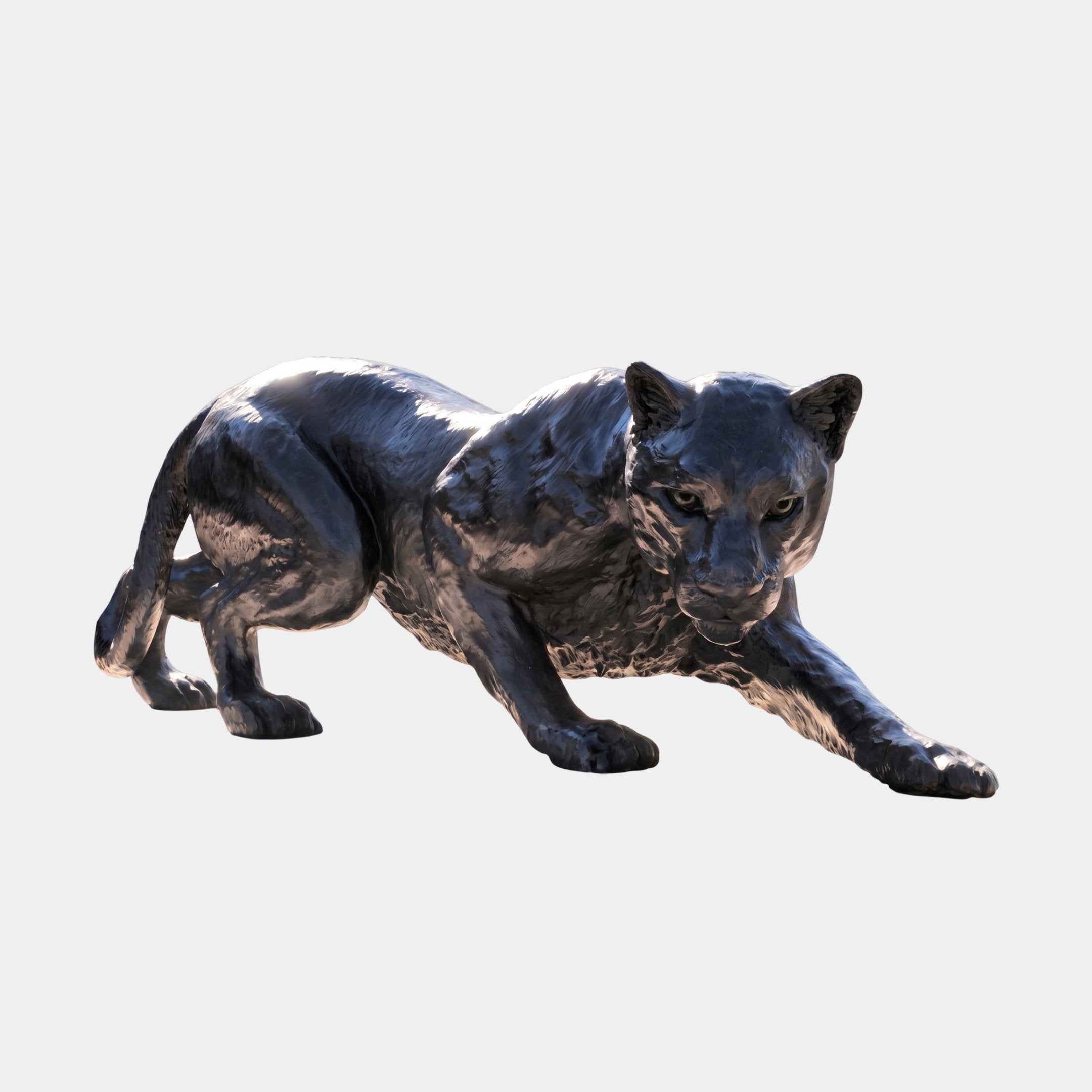 Large Contemporary Crouching Panther Bronze Sculpture by Giant Sculptures, 150cm, shown in a low predatory stance with dark blackened patina on a plain background.