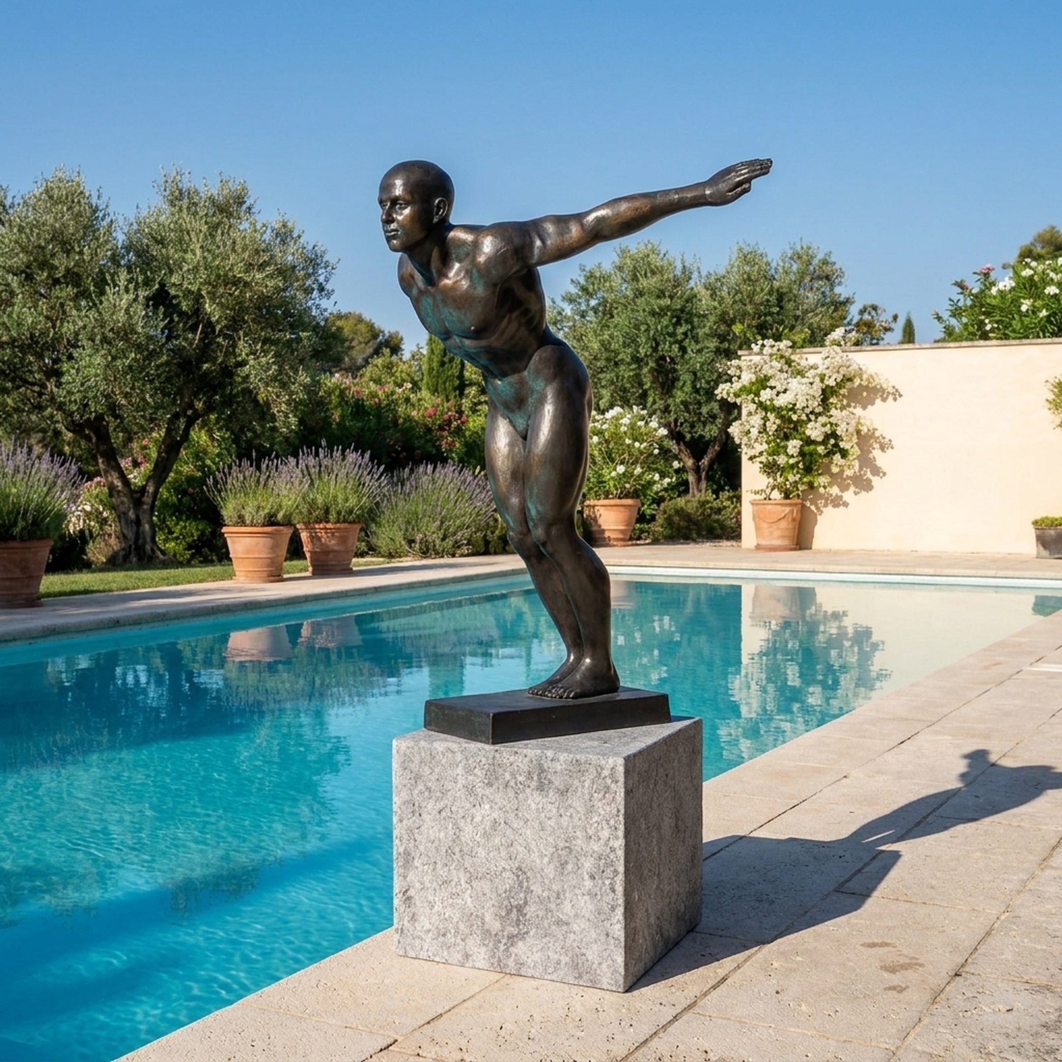Large Contemporary Diving Athlete Bronze Sculpture by Giant Sculptures, 180cm, on a granite cube plinth beside a poolside garden with lavender and olive trees.