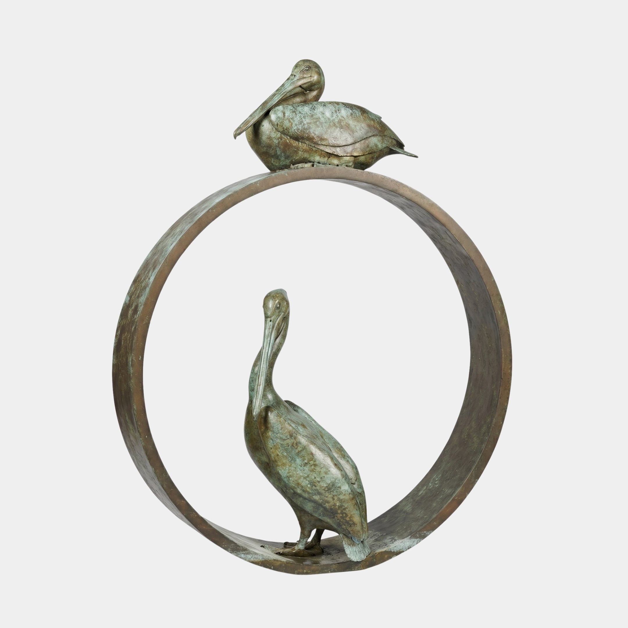 Giant Sculptures Large Contemporary Dual Pelican Bronze Sculpture 250cm with verdigris patina, one bird standing inside an oval ring, another resting on top.