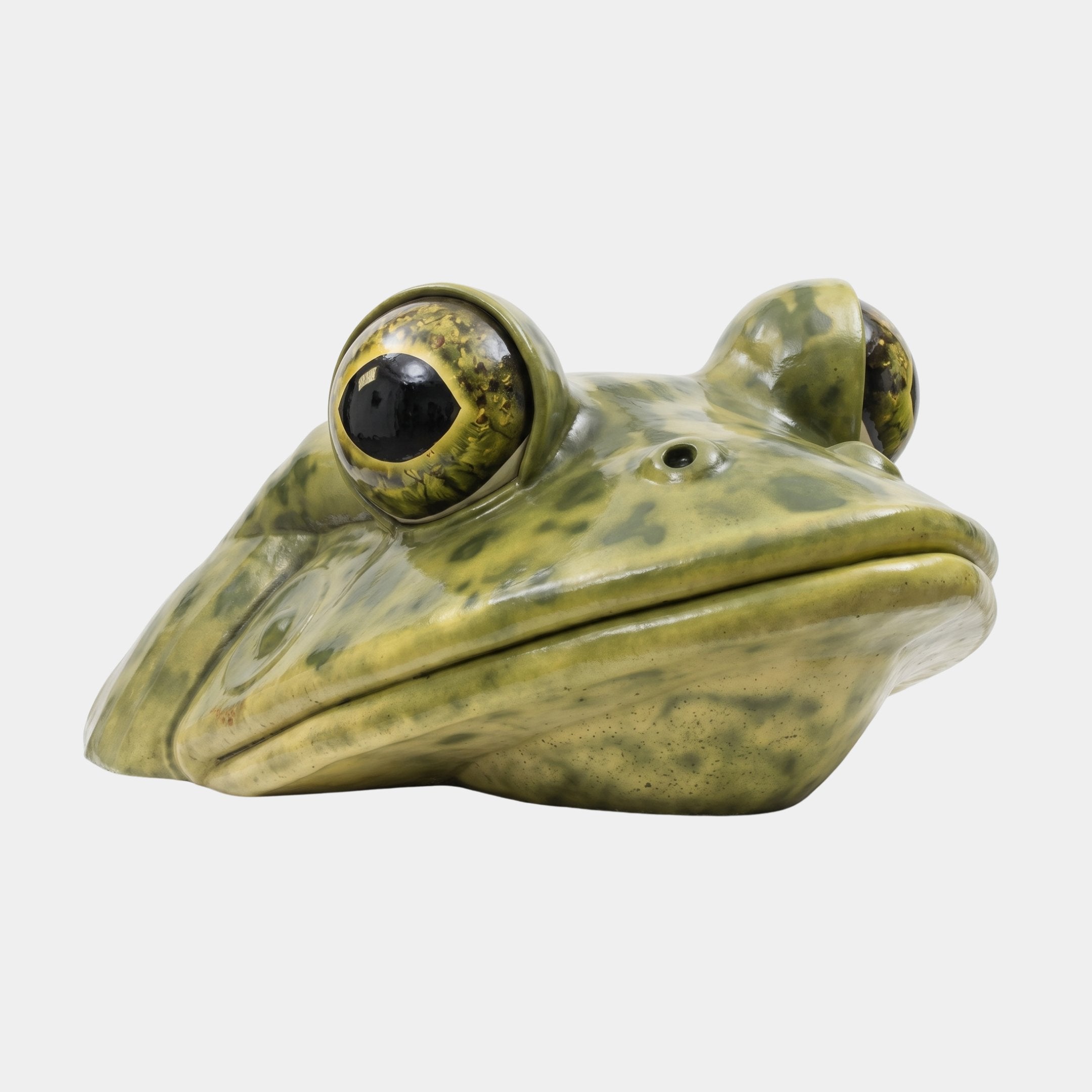 Large Contemporary Emerging Frog Head Bronze Sculpture by Giant Sculptures, front view of the mottled green amphibian with glossy black bulging eyes, on white.