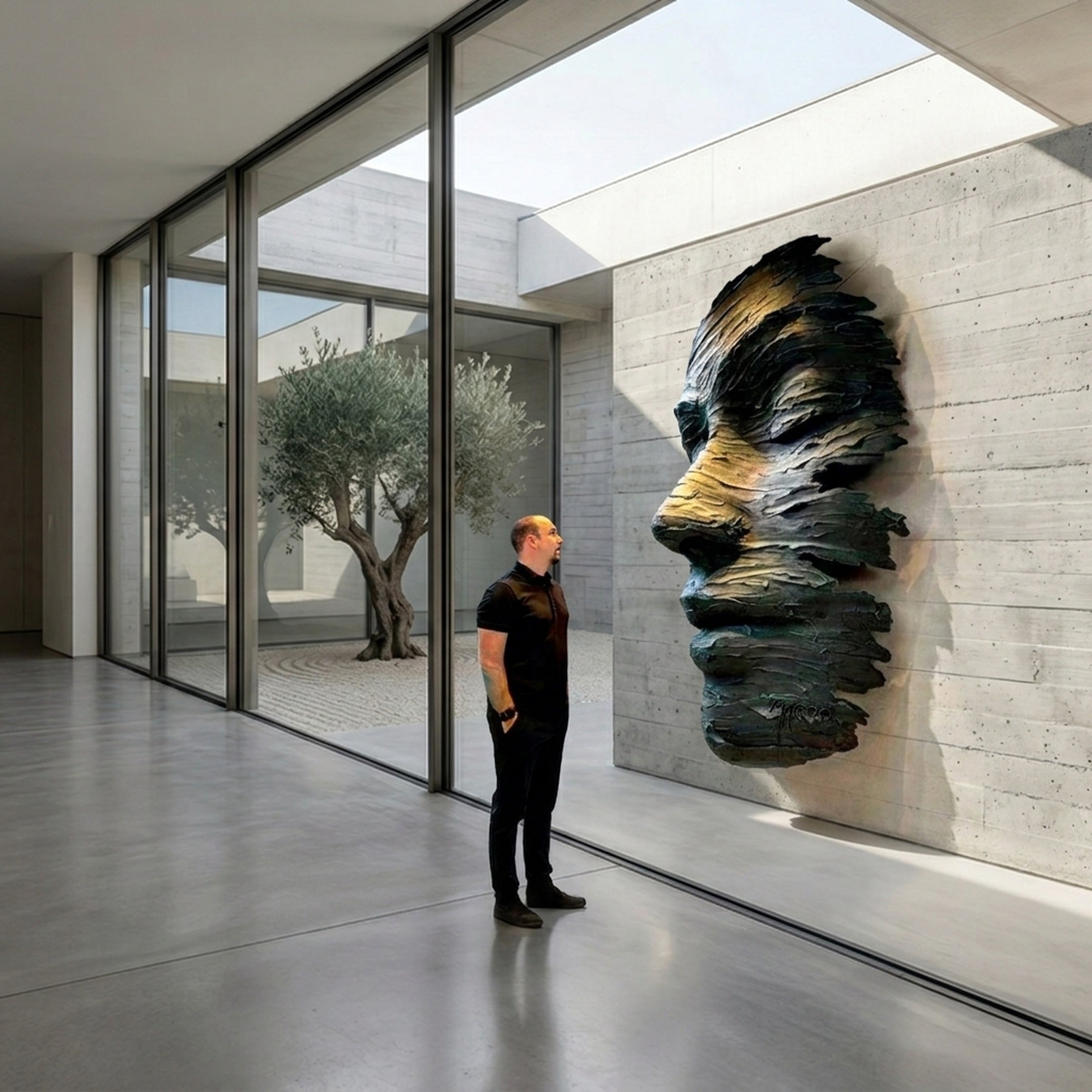 Giant Sculptures' 160cm Large Contemporary Emerging Male Profile Bronze Relief mounted on a concrete wall, viewed in profile beside a man for scale in a courtyard hall.