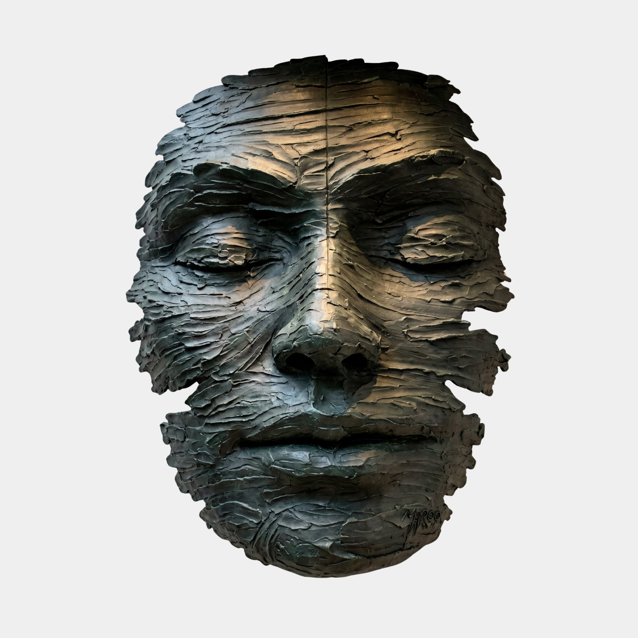 Large Contemporary Emerging Male Profile Bronze Relief by Giant Sculptures, a 160cm wall sculpture with closed eyes and layered black-to-gold patina, on white.