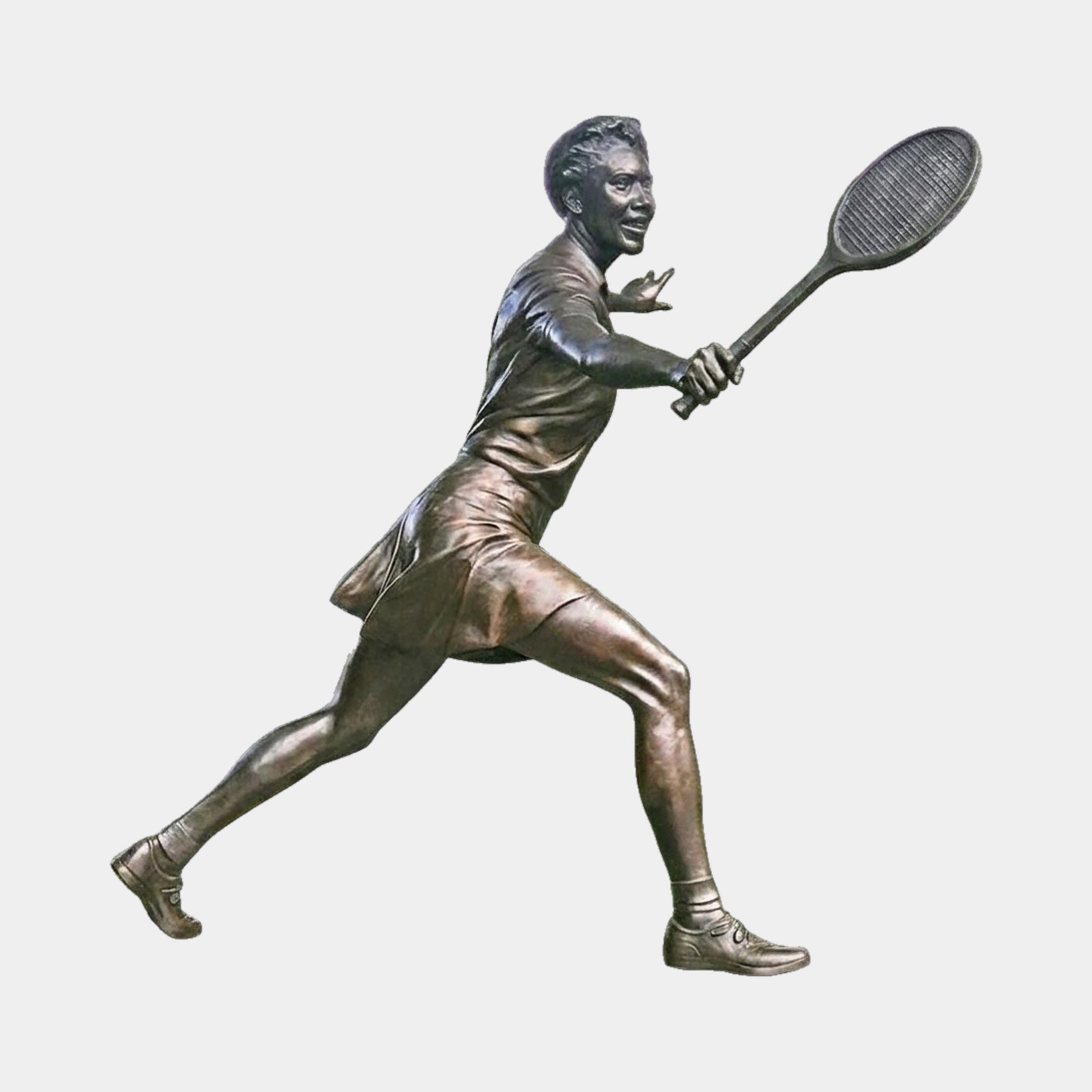Giant Sculptures Large Contemporary Female Tennis Player Bronze Sculpture 210cm in mid-lunge follow-through with racket extended, warm brown patina, on plain background.