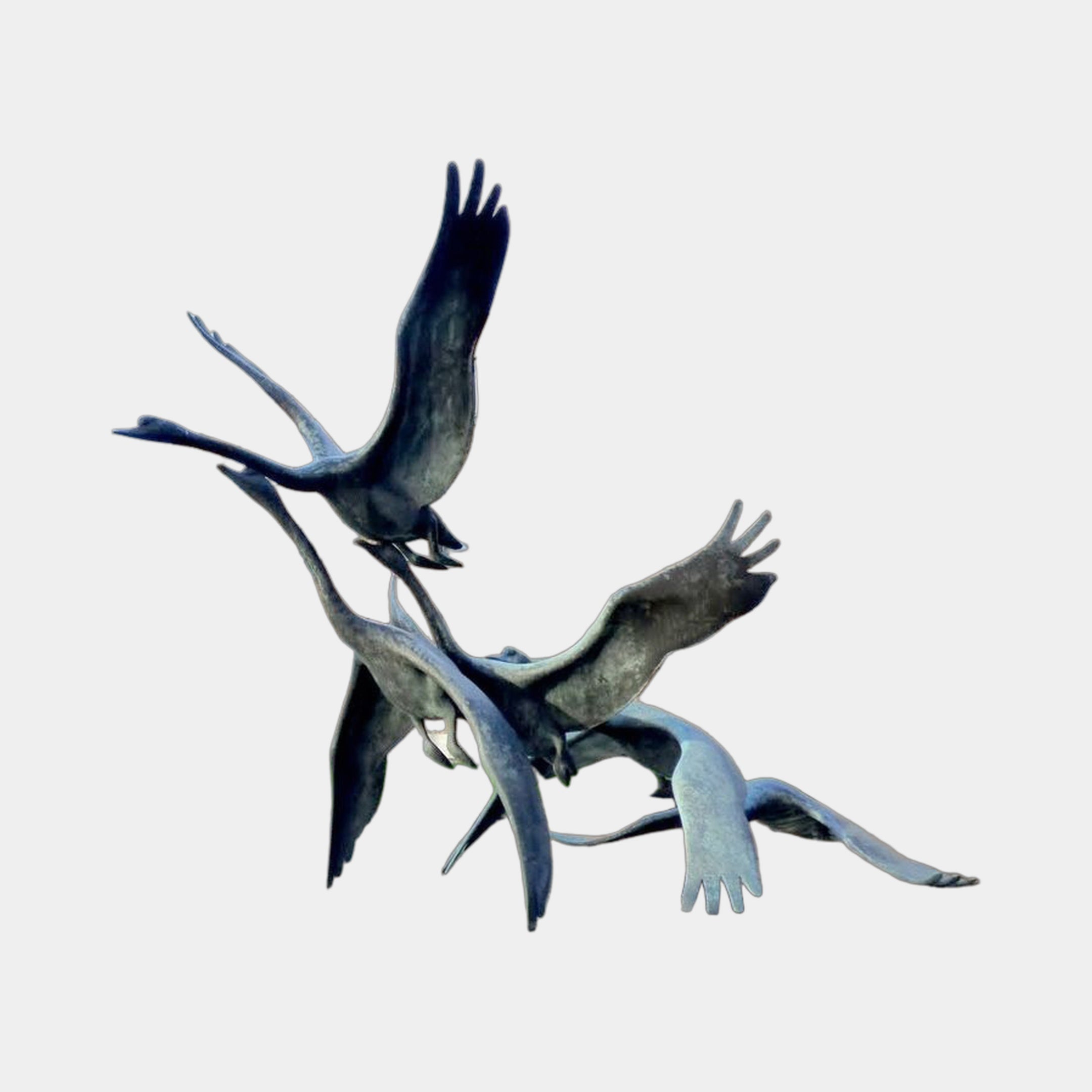 Large Contemporary Flying Cranes Bronze Sculpture by Giant Sculptures, a flock of long-necked birds with outstretched wings caught mid-flight, dark patina finish.