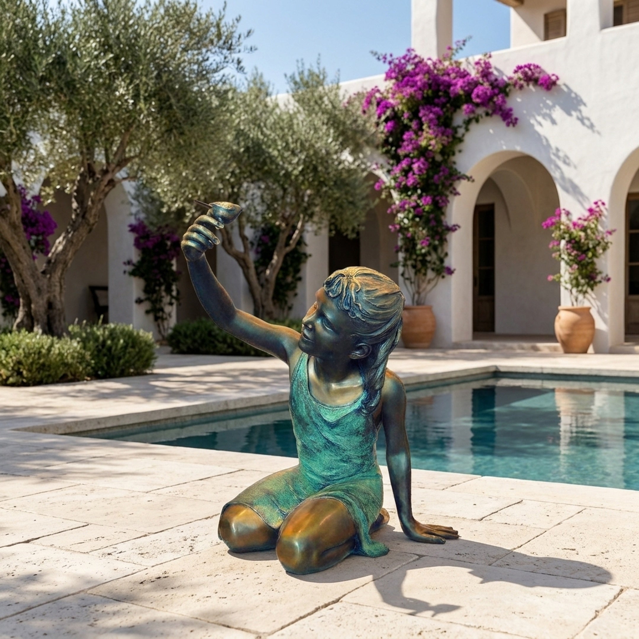 Large Contemporary Girl with Bird Bronze Sculpture by Giant Sculptures, seated girl lifting a bird skyward, verdigris and golden patina, beside a poolside courtyard.