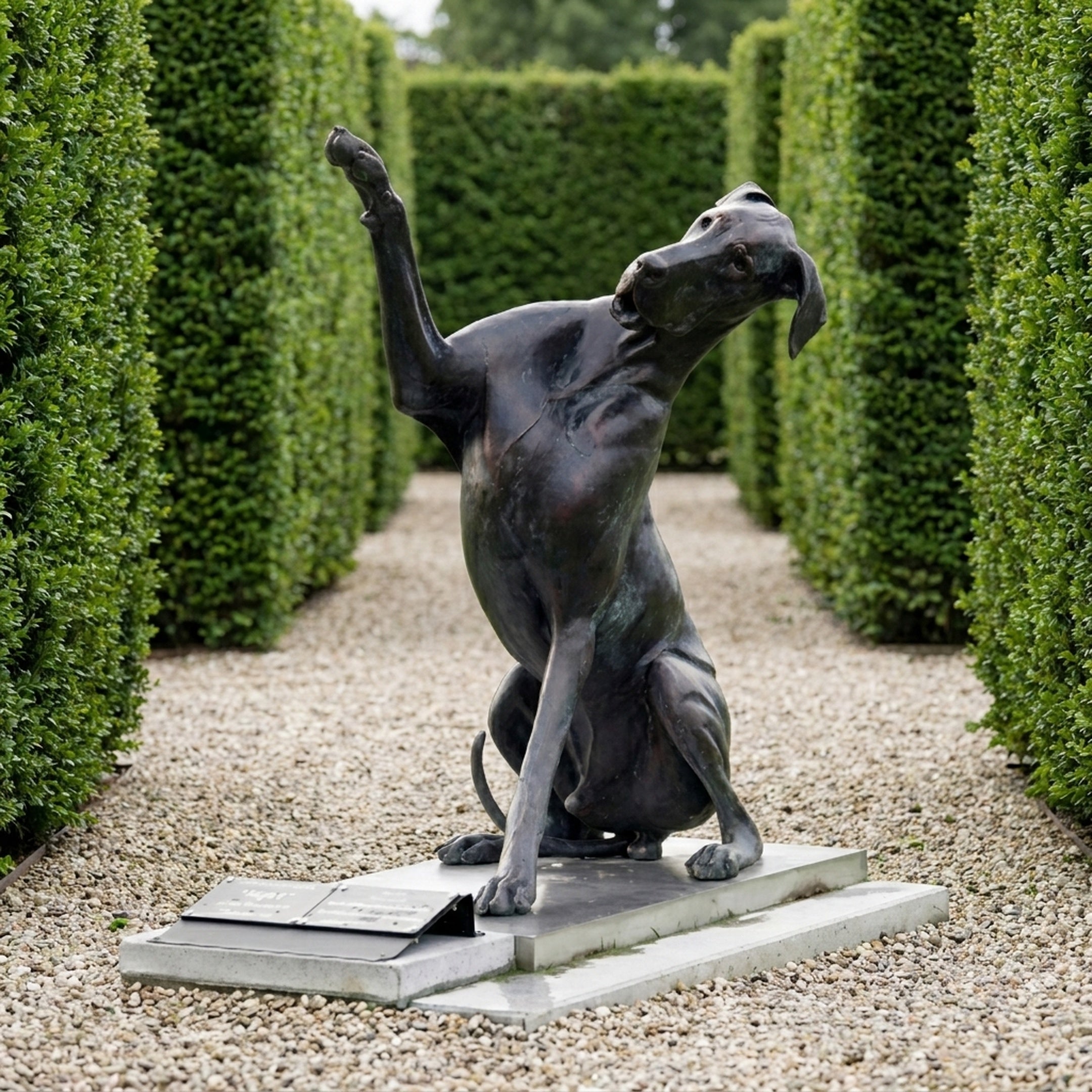 Large Contemporary Great Dane Dog Bronze Sculpture by Giant Sculptures, seated with raised paw and head tilted back, on a plinth in a hedge-lined gravel path.