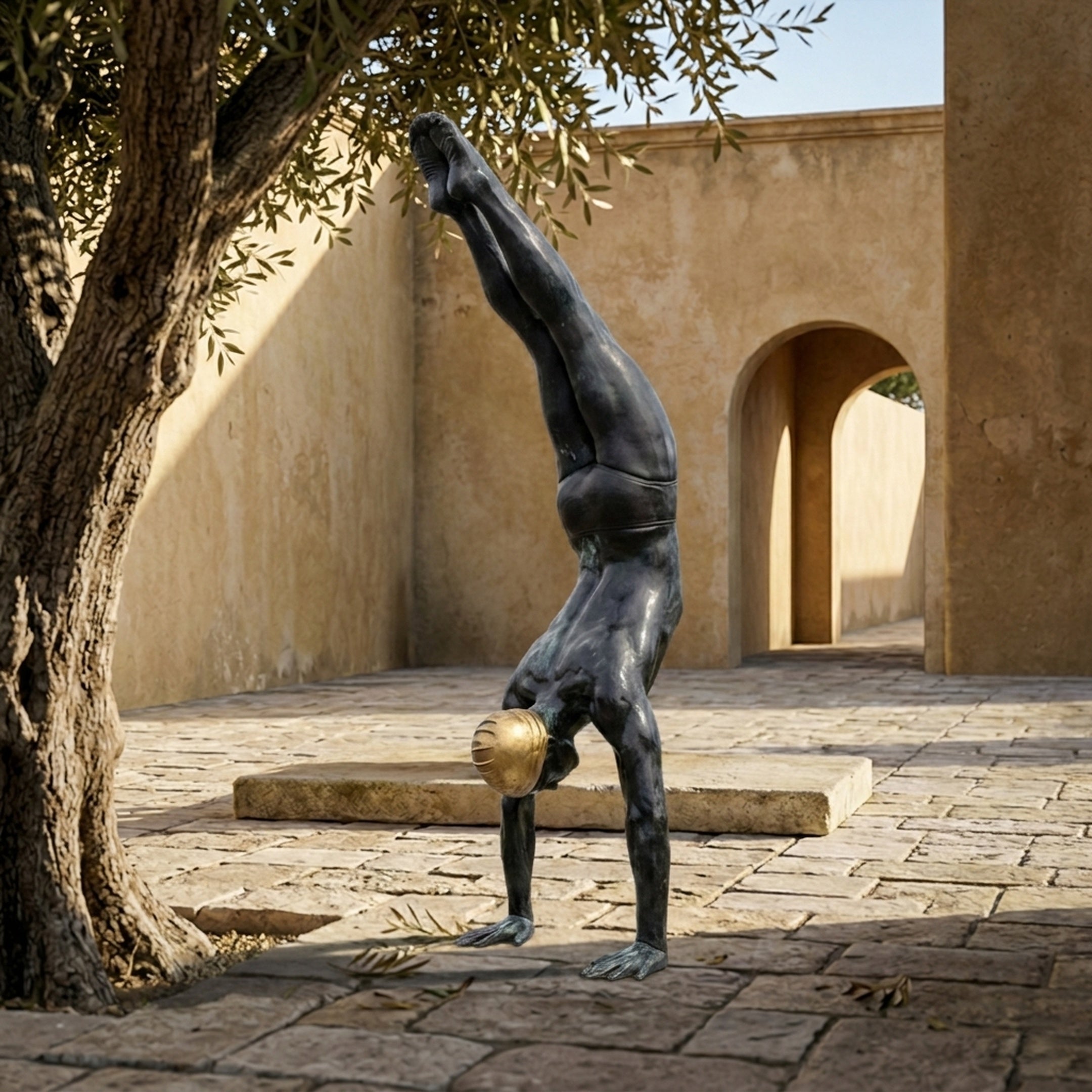Giant Sculptures Large Contemporary Handstanding Male Figure Bronze Sculpture 240cm in dark patina with gold sphere, displayed in a stone courtyard by an olive tree.