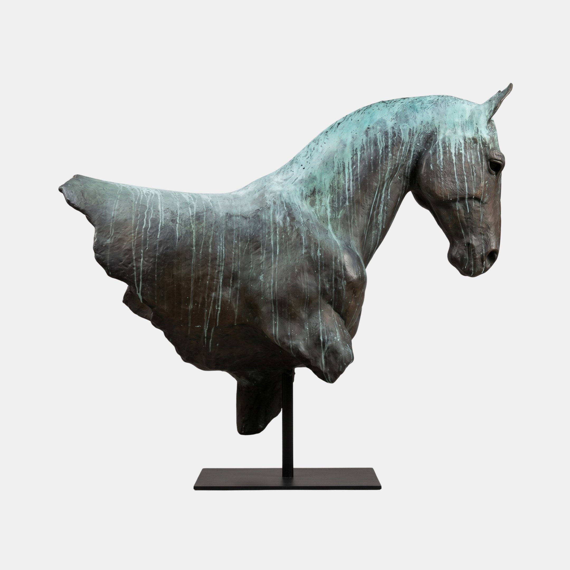 Large Contemporary Horse Head Bronze Sculpture by Giant Sculptures, 120cm, with dark brown patina and green verdigris streaking, mounted on a black stand.