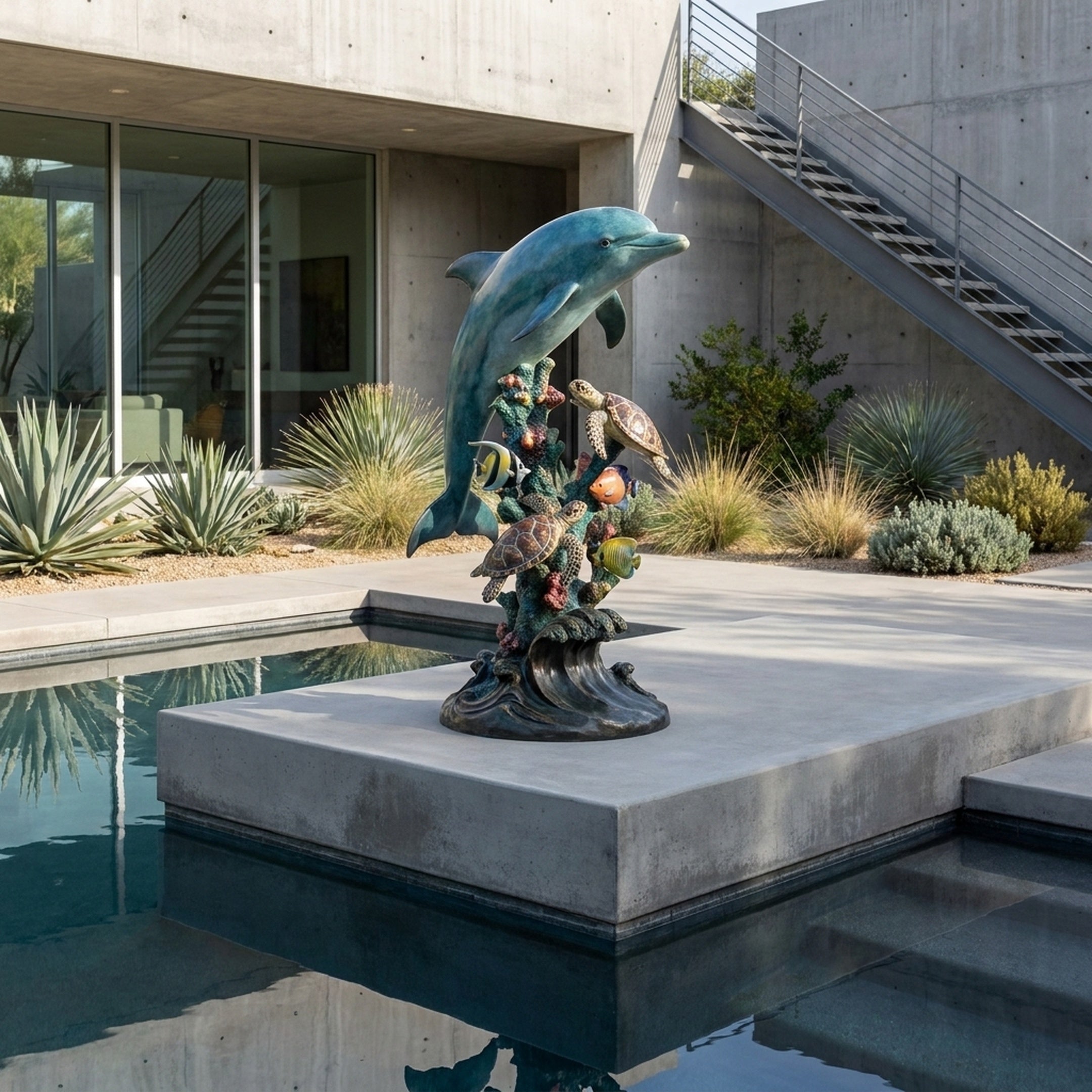 Large Contemporary Leaping Dolphin and Reef Bronze Sculpture by Giant Sculptures displayed on a concrete plinth beside a pool at a modern home.