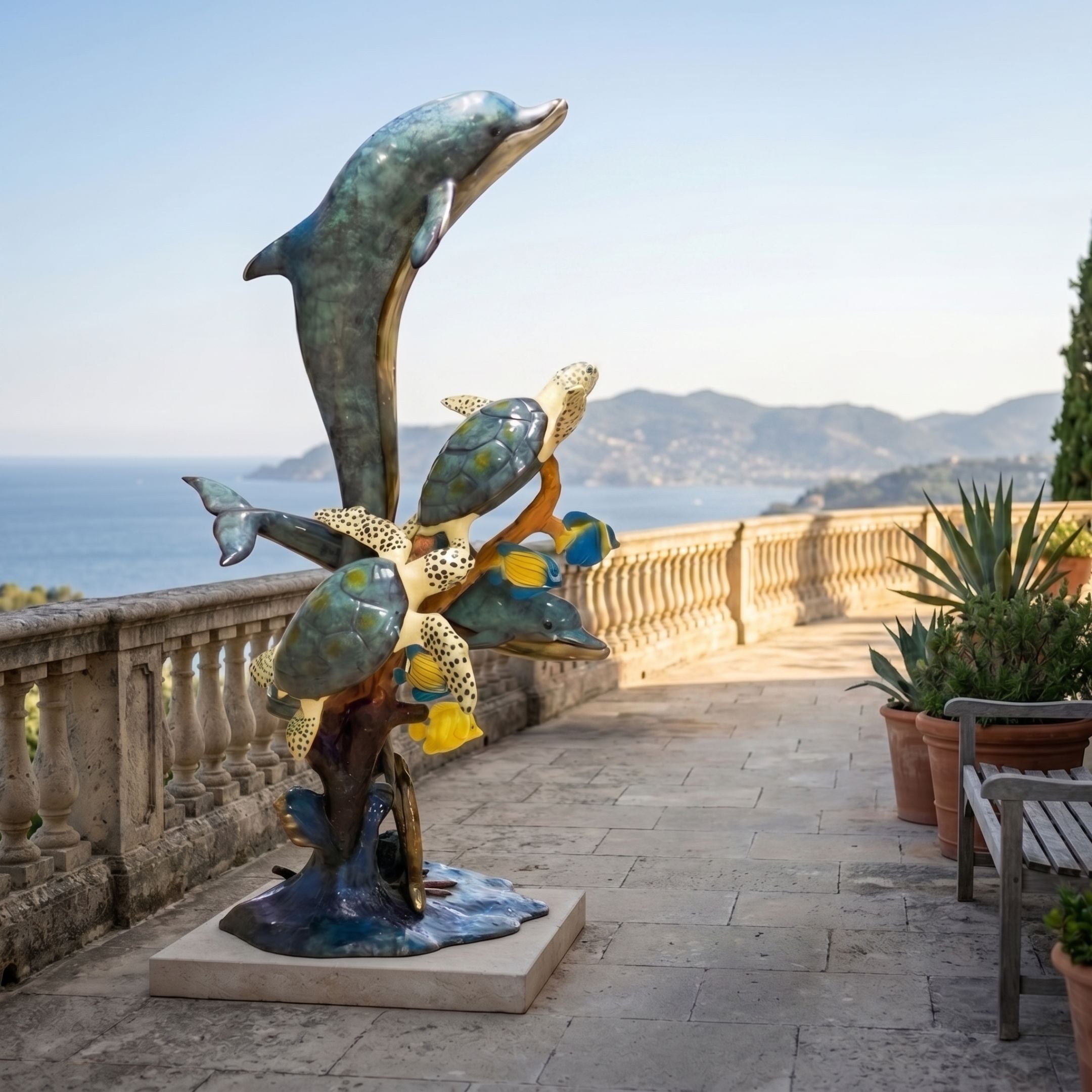 Large Contemporary Leaping Dolphin and Reef Bronze Sculpture by Giant Sculptures on a seaside terrace with stone balustrade and coastal view.