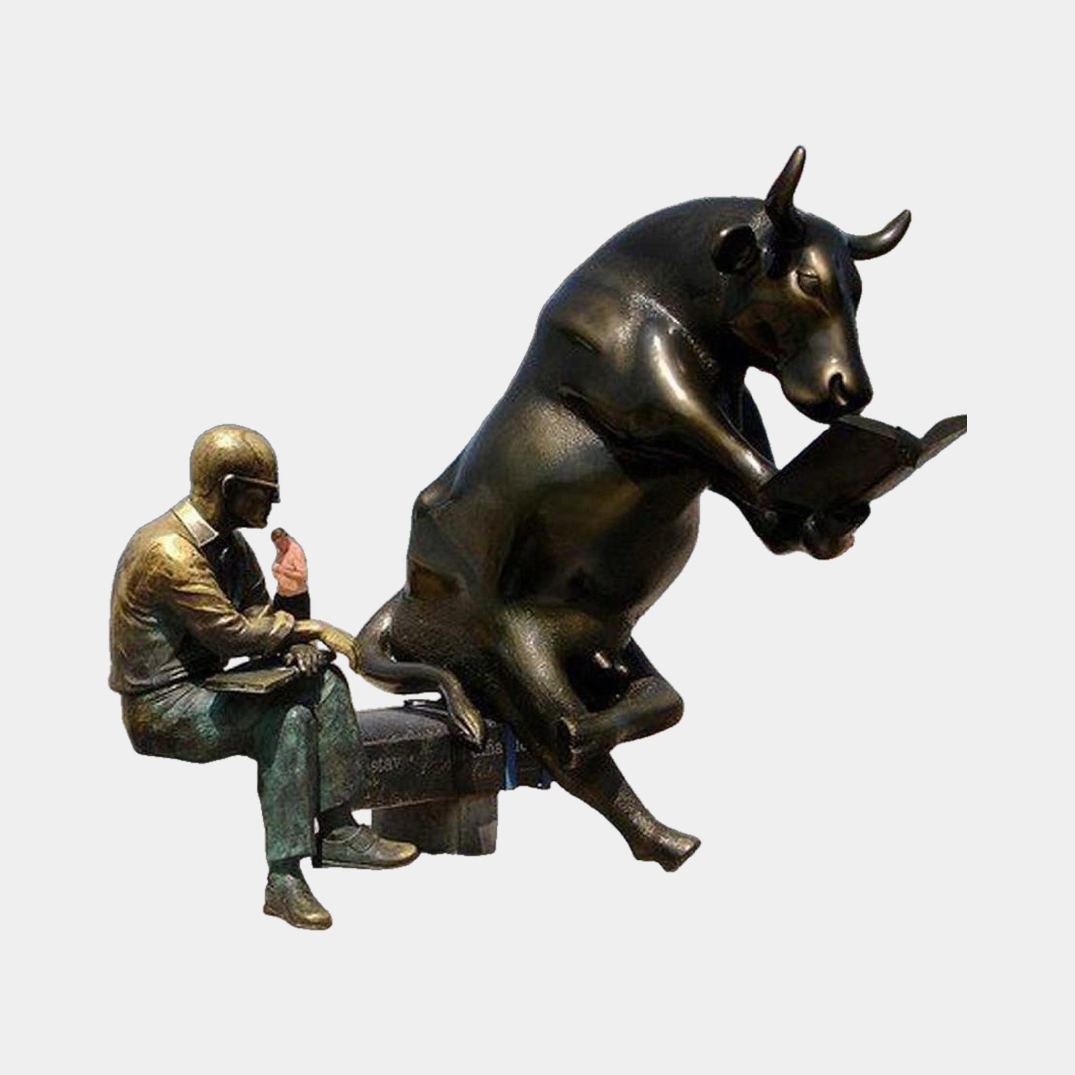 Giant Sculptures Large Contemporary Reading Bull and Figure Bronze Sculpture 200cm, dark patinated bull rearing with book beside a golden-brown seated man reading.