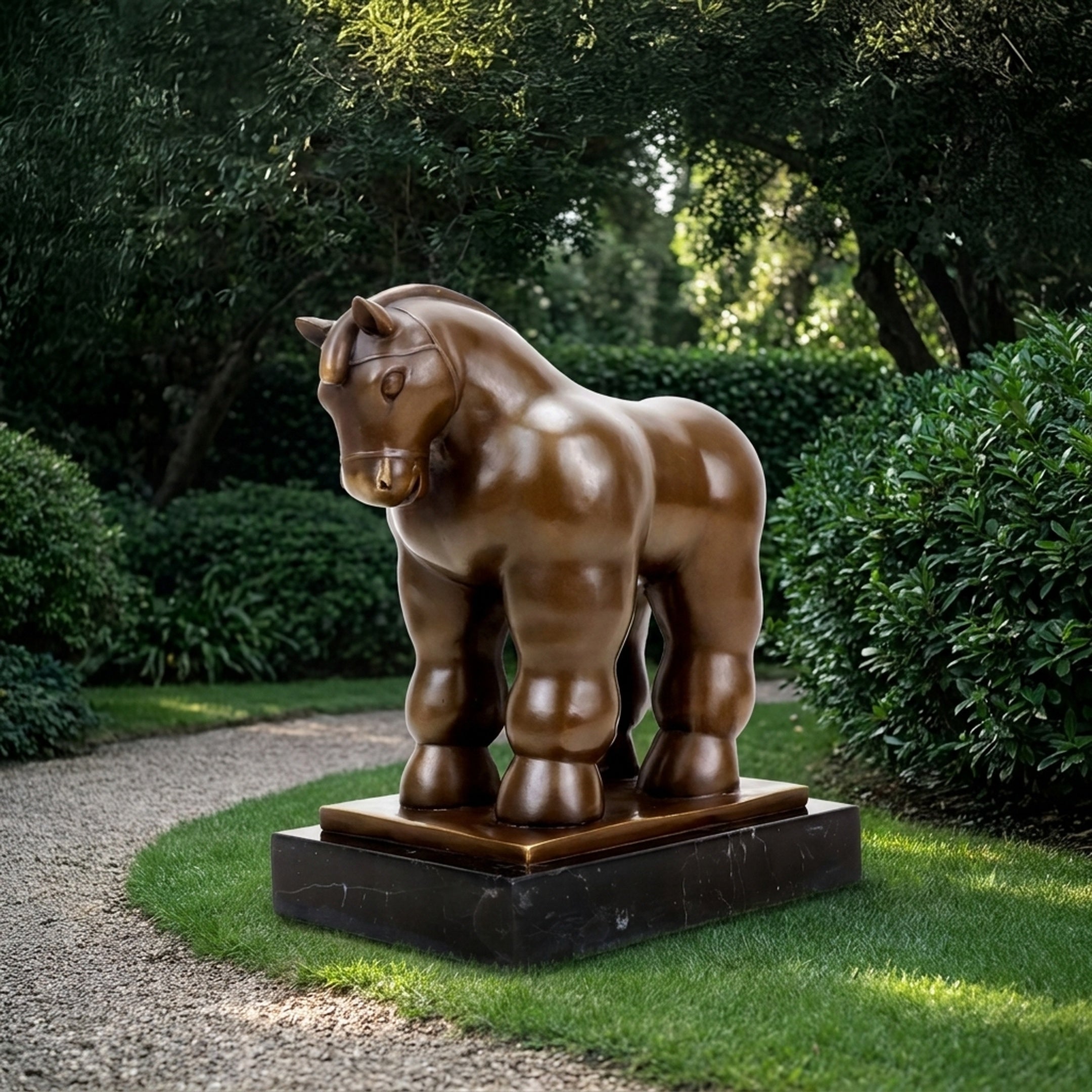 Large Contemporary Rotund Bull Bronze Sculpture by Giant Sculptures, shown side-on with rounded form on a black marble base in a garden path setting.