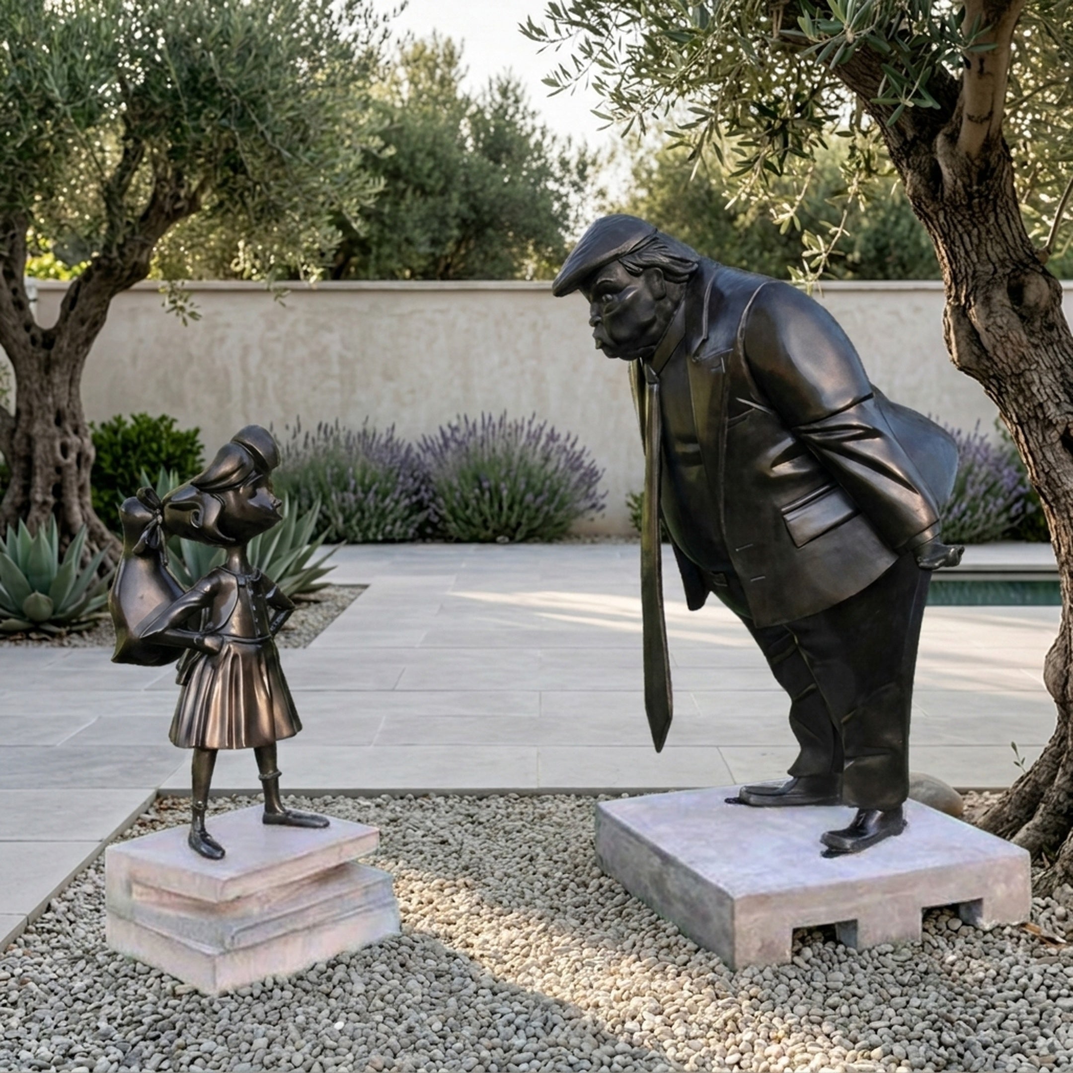 Giant Sculptures' 200cm bronze sculpture of a rotund man in flat cap leaning toward a defiant girl with hands on hips, on stone plinths in a garden.
