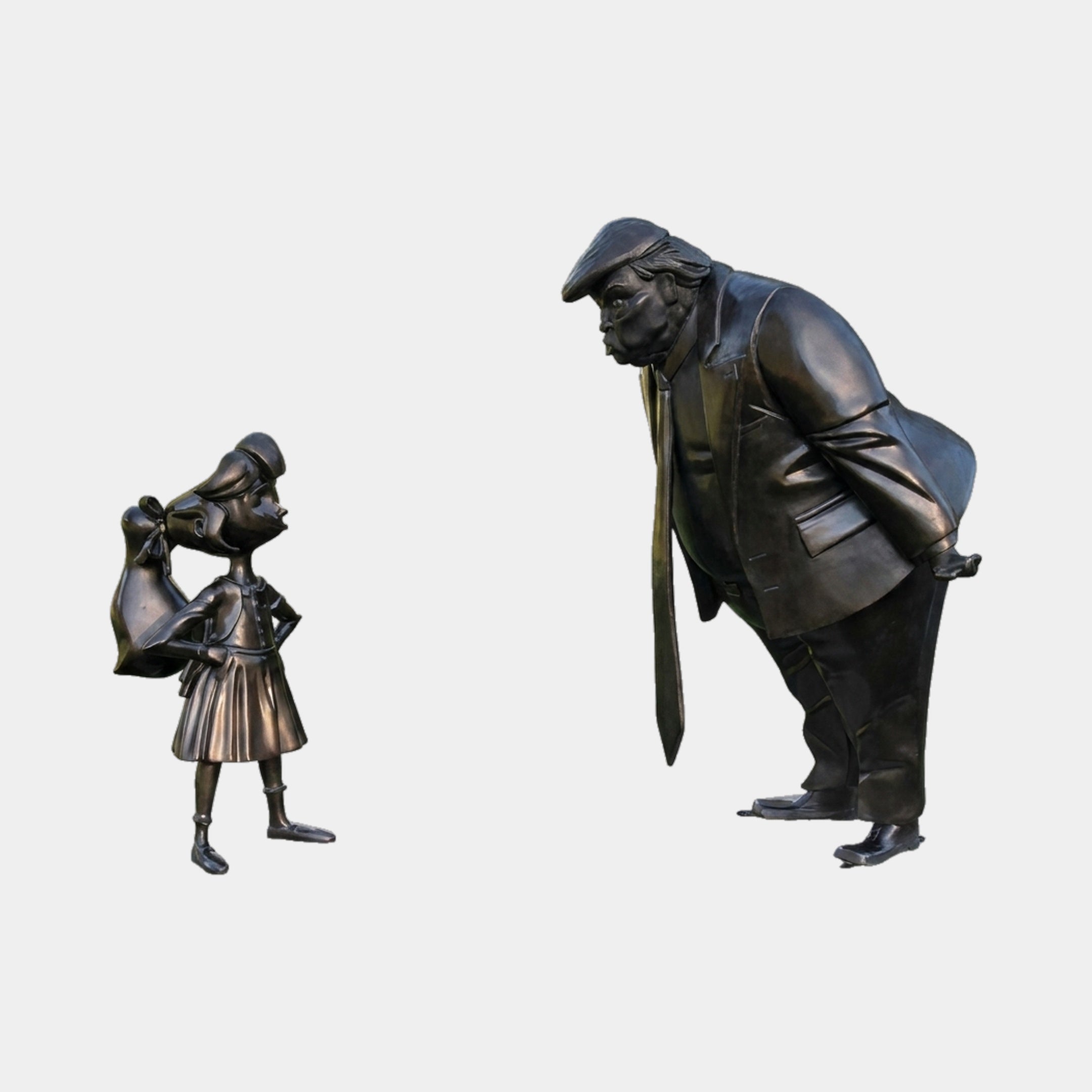 Large Contemporary Rotund Man and Defiant Girl Bronze Sculpture by Giant Sculptures, showing a heavyset man in flat cap leaning toward a hands-on-hips girl.