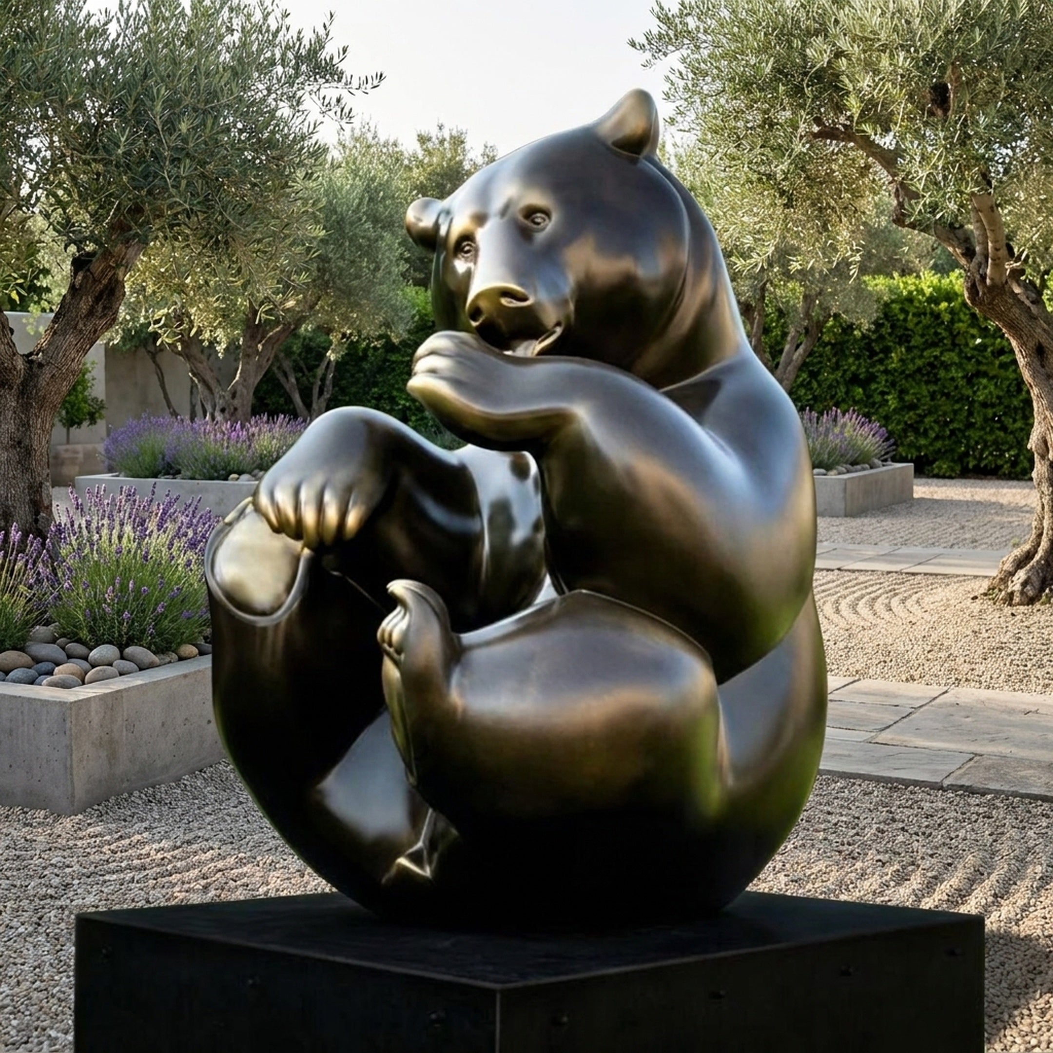 Large Contemporary Seated Bear Bronze Sculpture by Giant Sculptures with dark patina and golden highlights, displayed on a black plinth in a garden with olive trees and lavender.