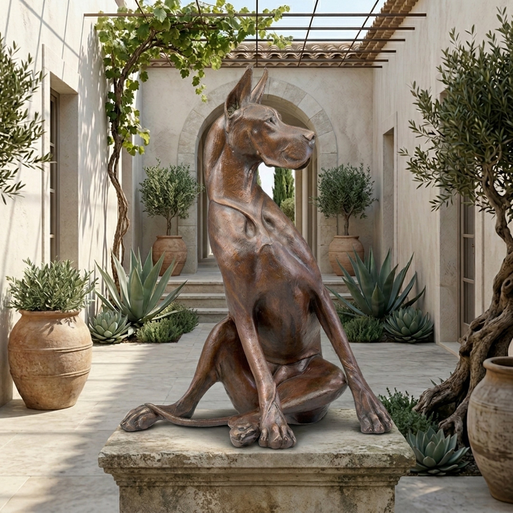 Large Contemporary Seated Great Dane Bronze Sculpture by Giant Sculptures, 100cm, on a stone plinth in a Mediterranean courtyard with olive trees.