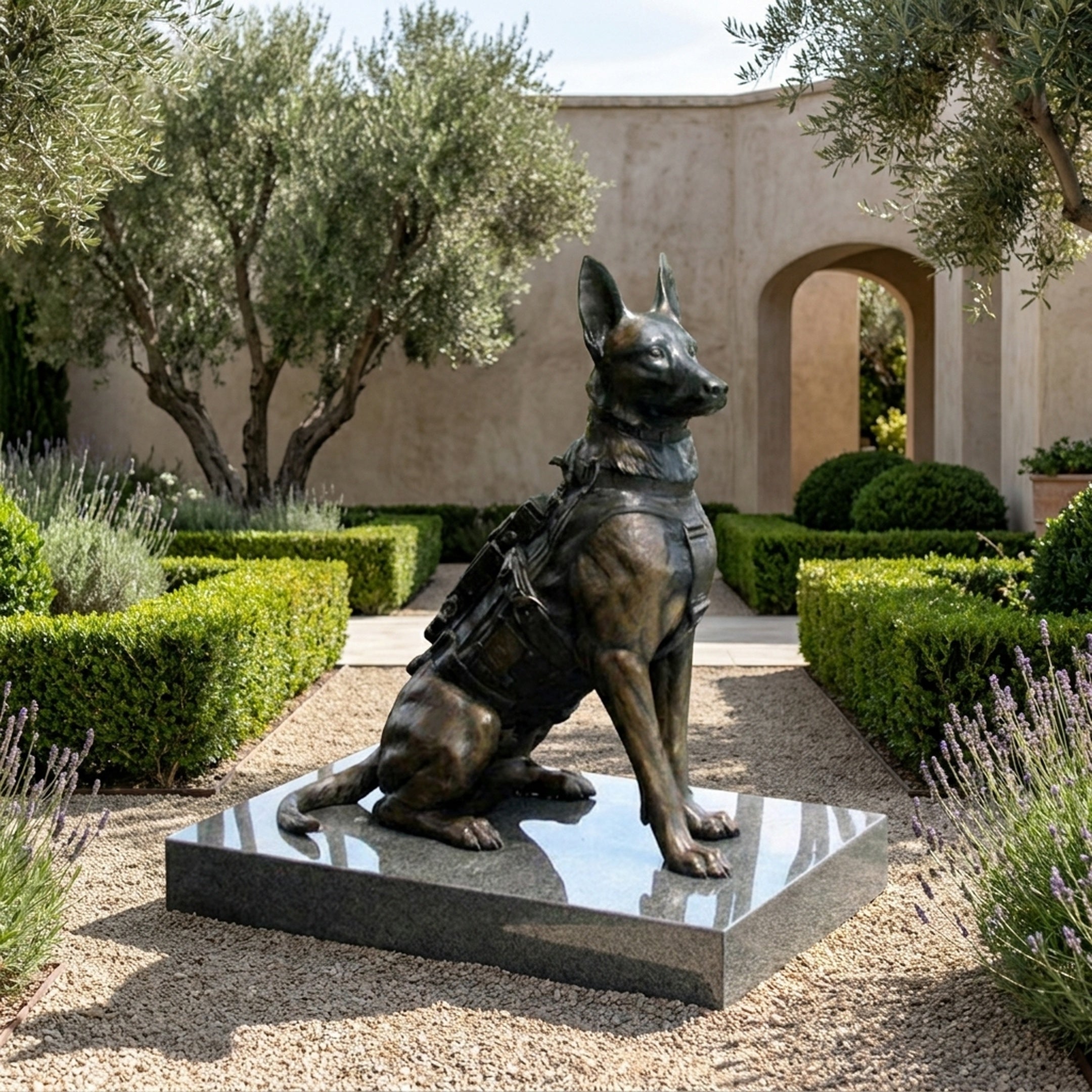 Large Contemporary Seated Military Working Dog Bronze Sculpture by Giant Sculptures, German Shepherd in tactical vest on granite plinth in a hedged garden.