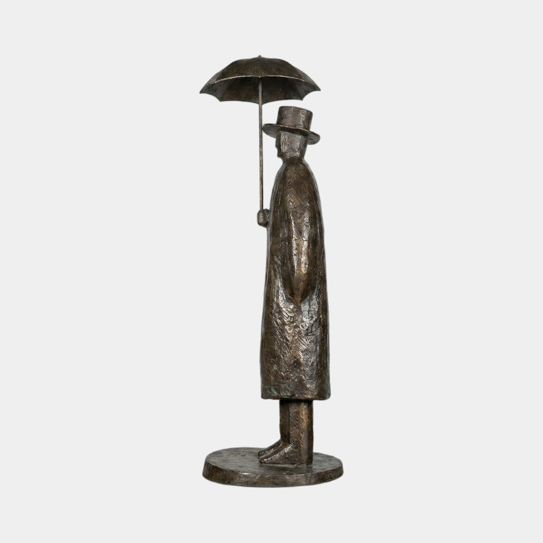 Side view of the Giant Sculptures Large Contemporary Top Hat Figure Bronze Fountain, showing a gentleman in long coat and top hat holding an umbrella, on a plain background.